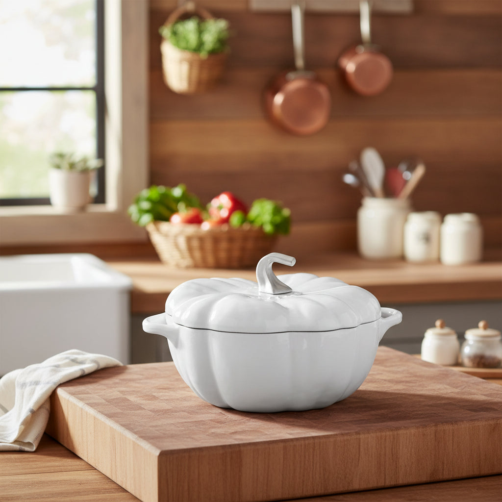 White ceramic pot on a wooden cutting board in a kitchen setting