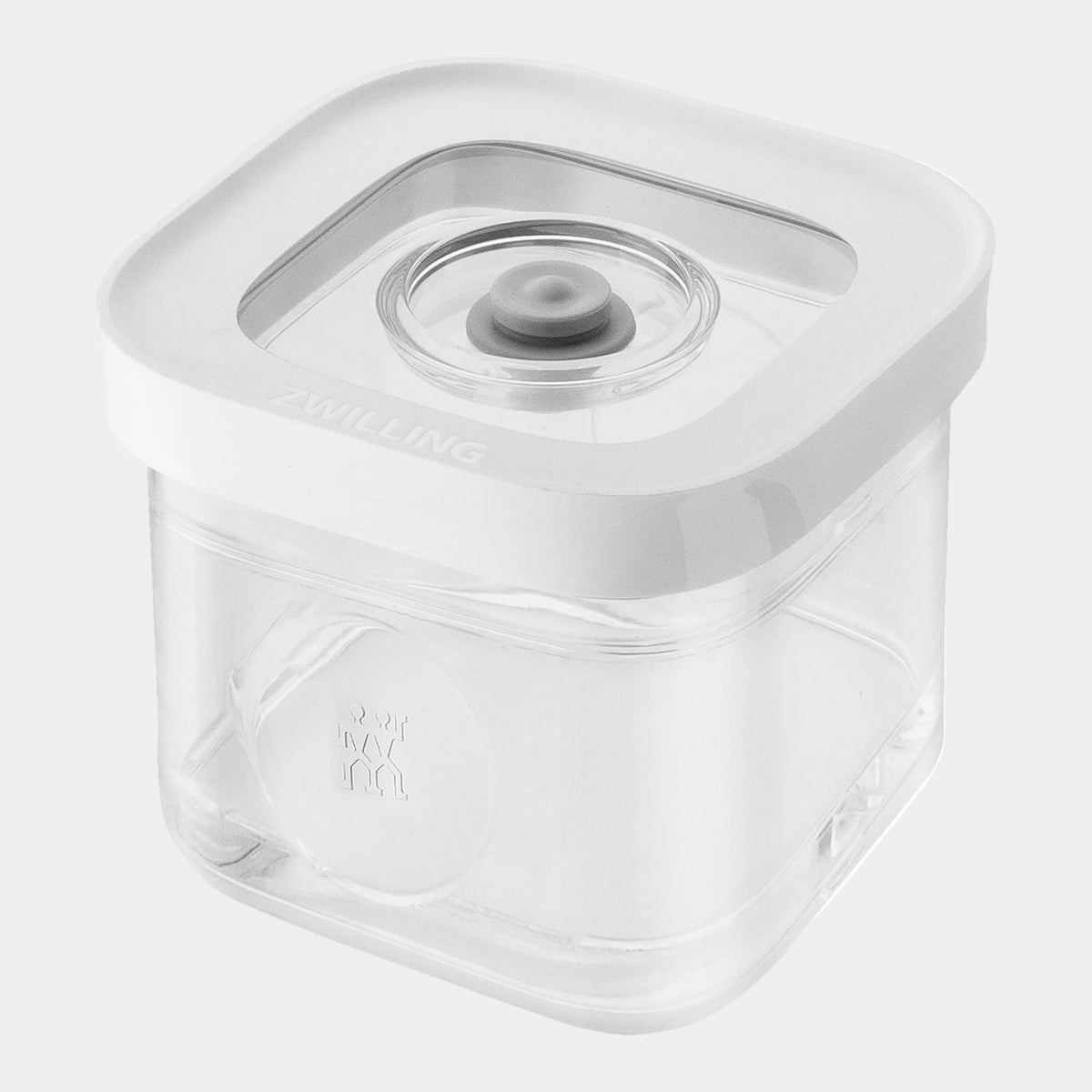 A clear plastic storage container with a white lid and a gray rubber seal, shown on a solid white background. The brand name 'ZWILLING' is embossed on the lid.