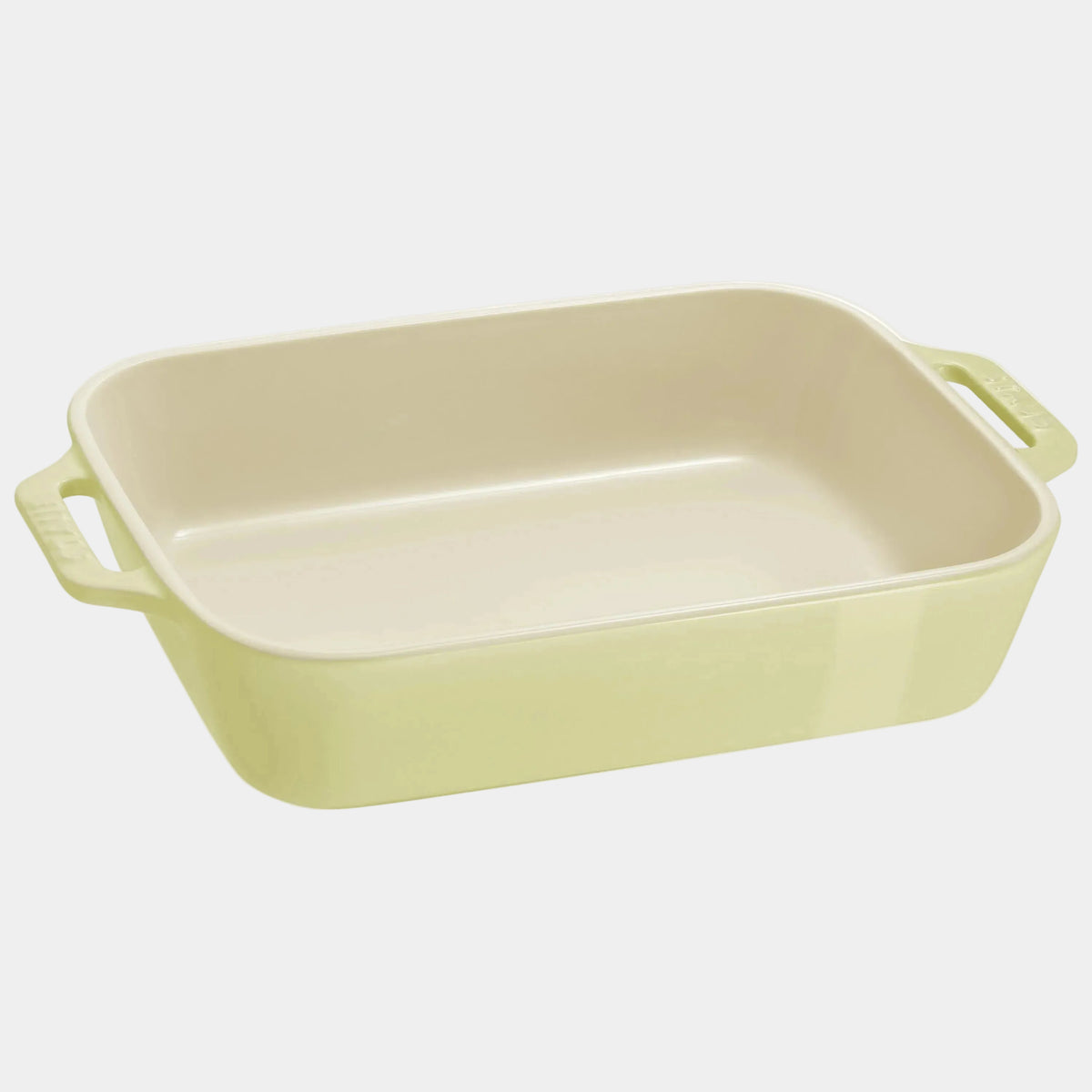 Rectangular ceramic baking dish with handles on a white background