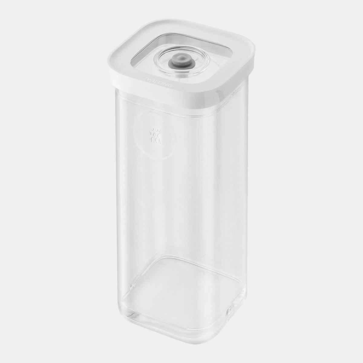 Clear plastic container with a white lid on a white background