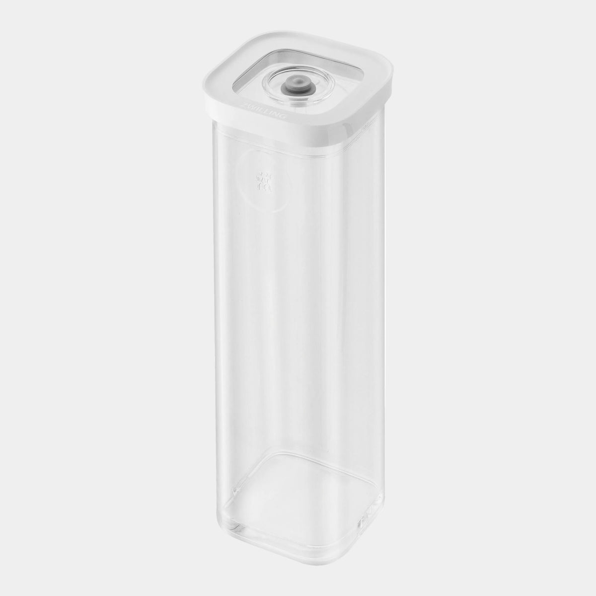 A tall, clear plastic storage container with a square-shaped translucent lid, shown on a solid white background.