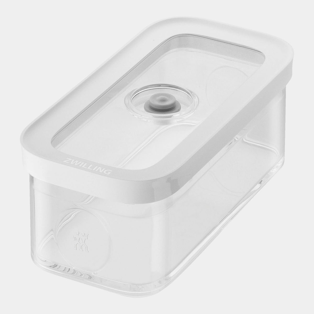 Clear plastic container with a white lid on a white background