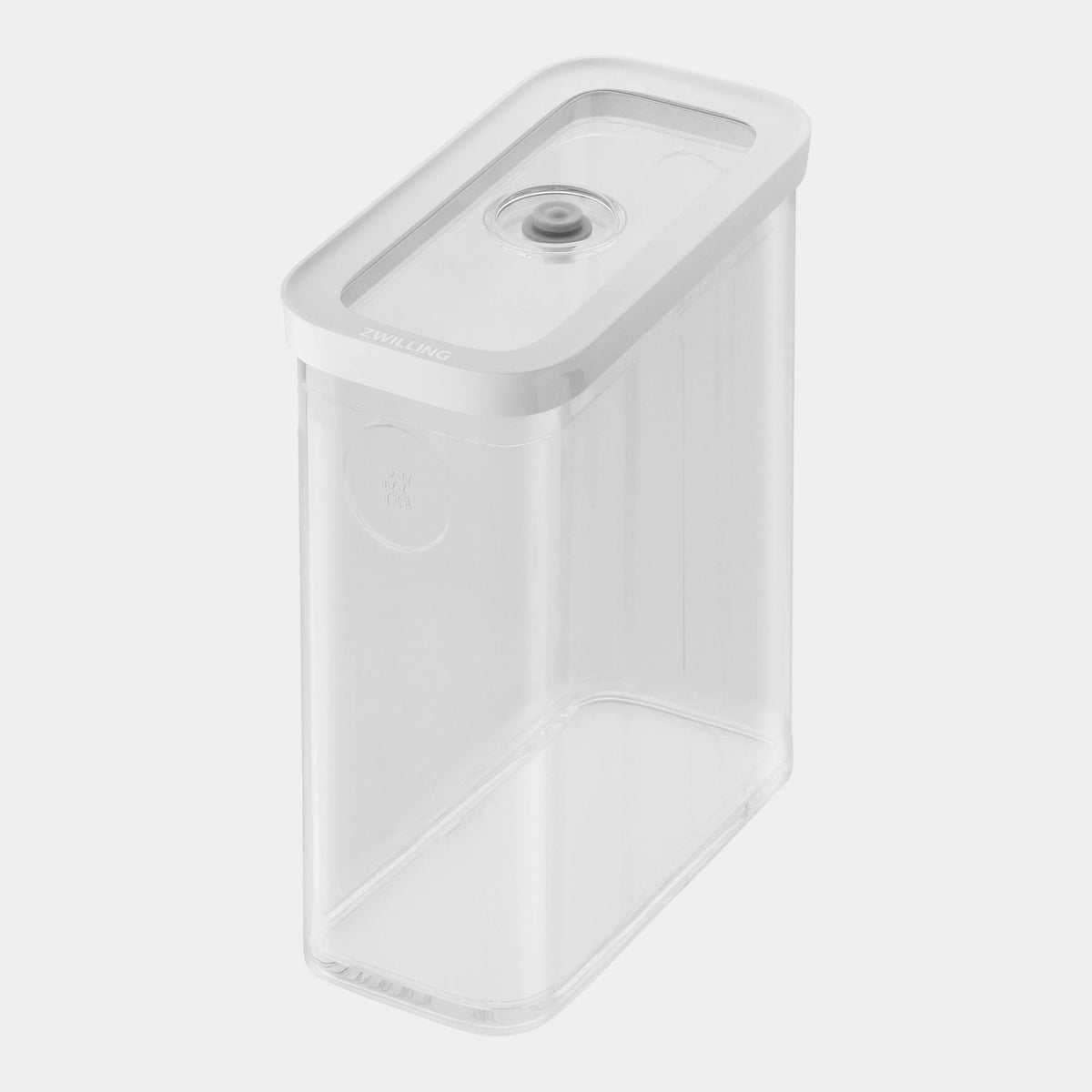 Clear plastic storage container with a white lid on a white background