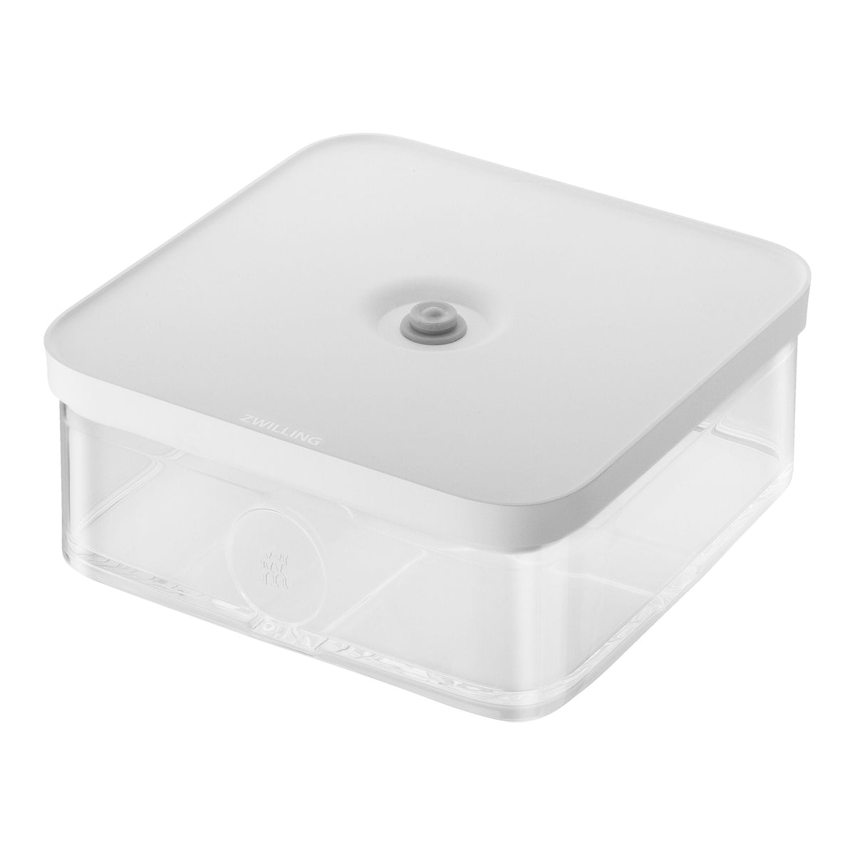 Clear plastic container with a white lid on a white background