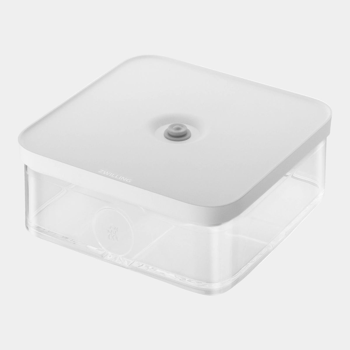 Clear plastic container with a white lid on a white background
