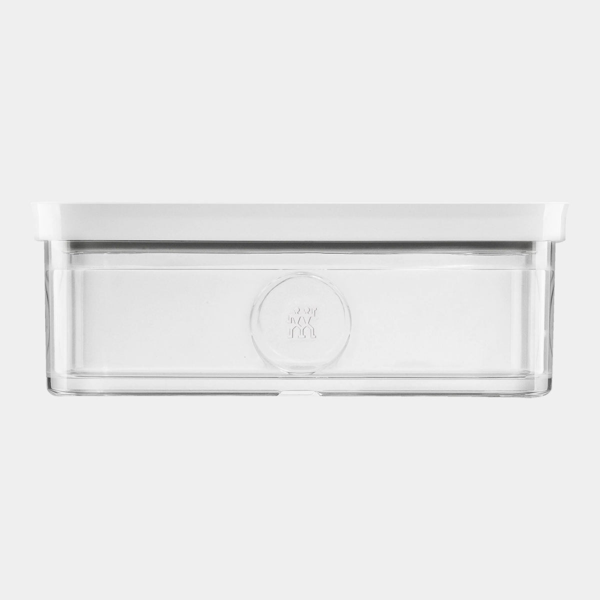 Clear plastic container with a white lid on a white background