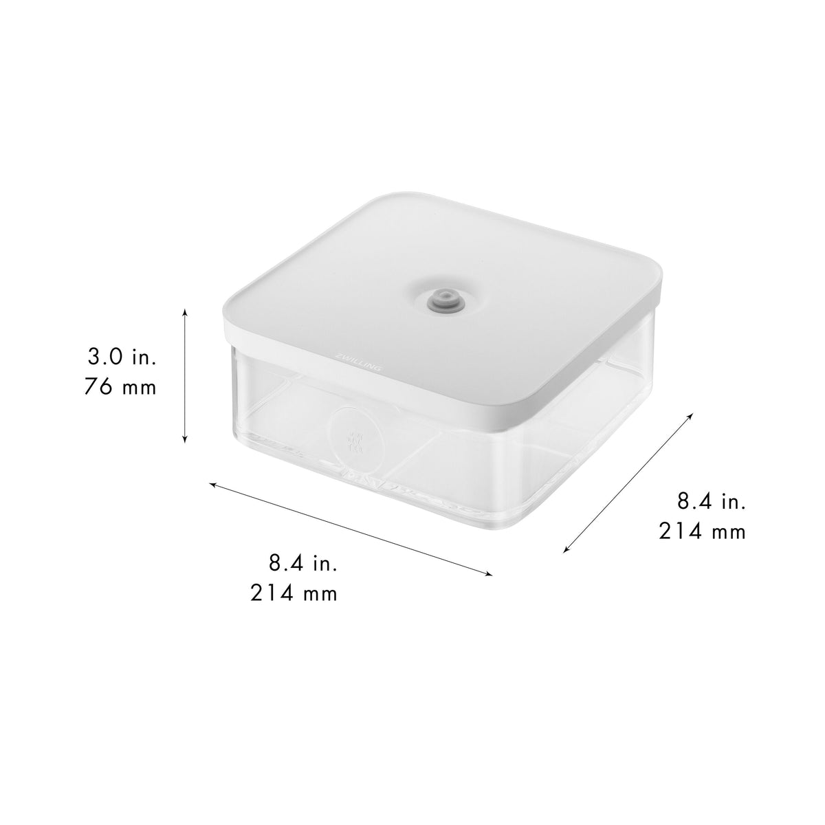 Rectangular white container with dimensions labeled on a white background