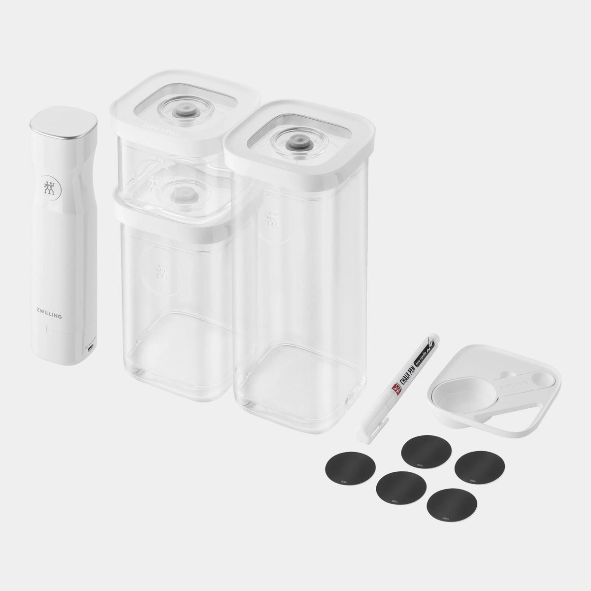White electronic device with clear components and accessories on a white background