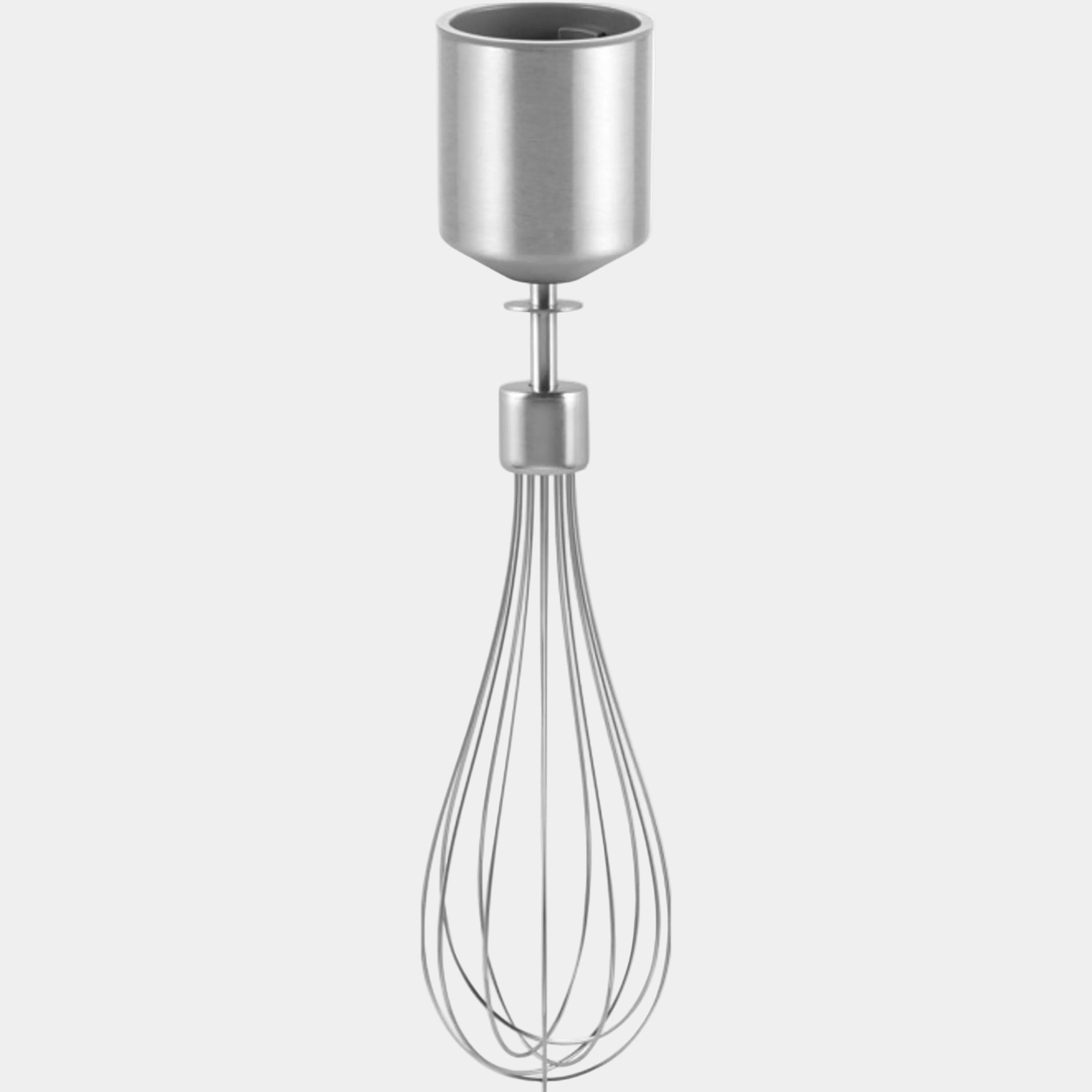 Metal whisk with a cylindrical holder on a white background