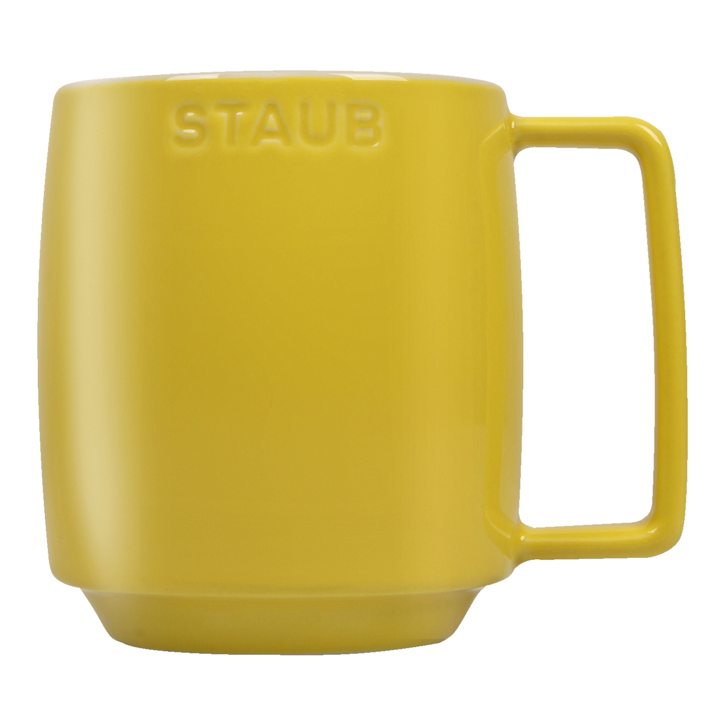 Yellow mug with 'STAUB' branding on a white background