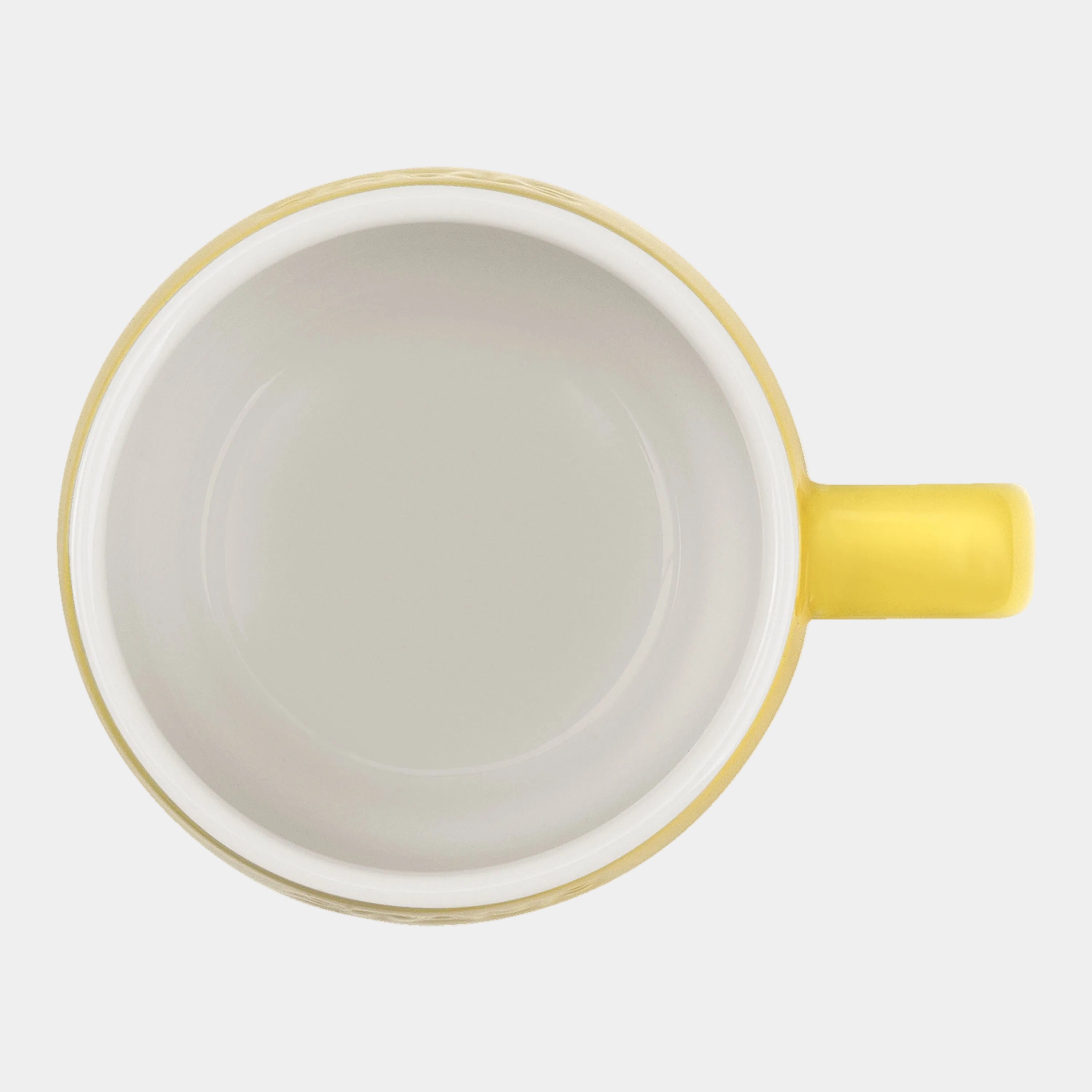 White mug with yellow handle on a white background