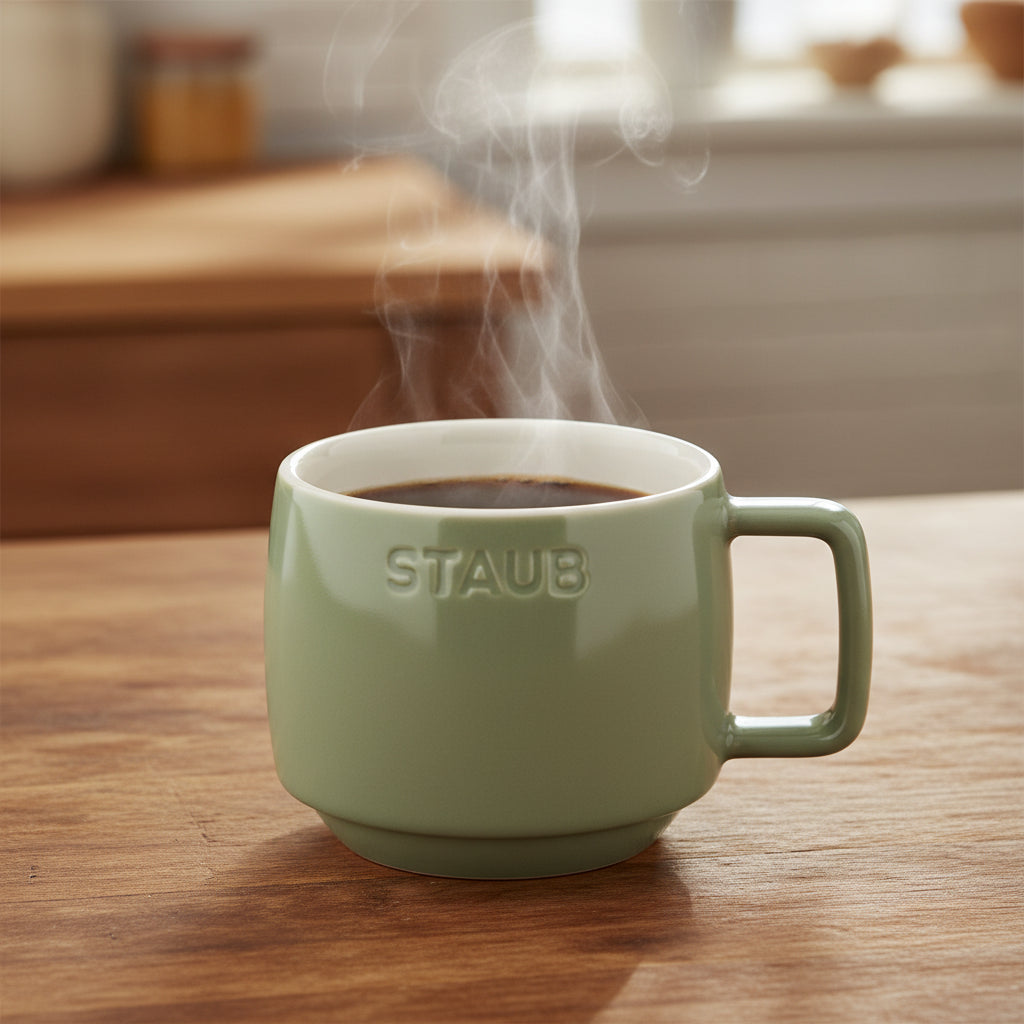 Green mug with 'Staub' branding on a white background