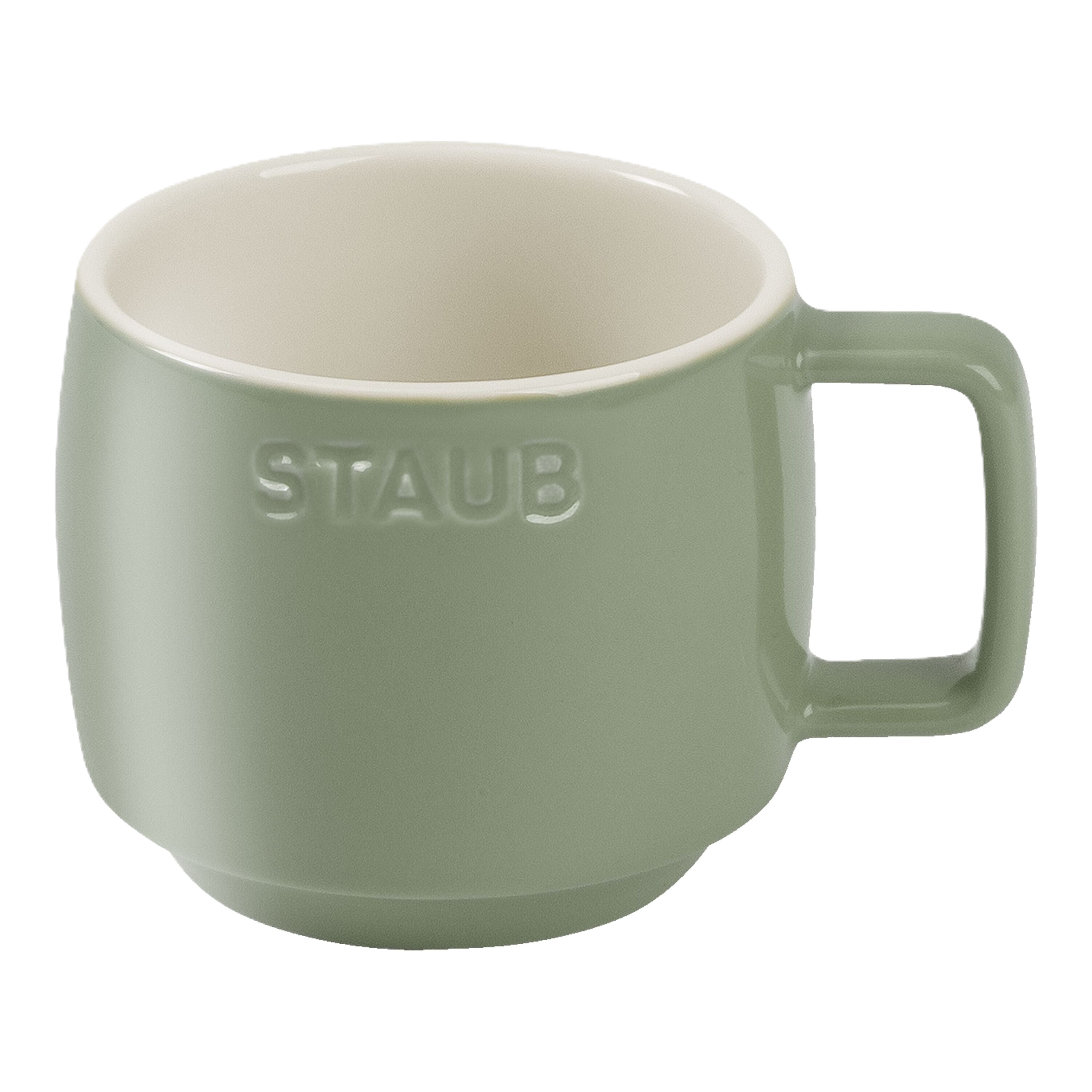 Green mug with 'Staub' branding on a white background