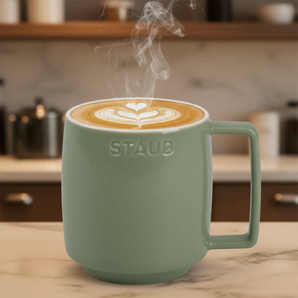Green mug with 'Staub' branding on a marble slab filed with coffee latte art on kitchen marble slab