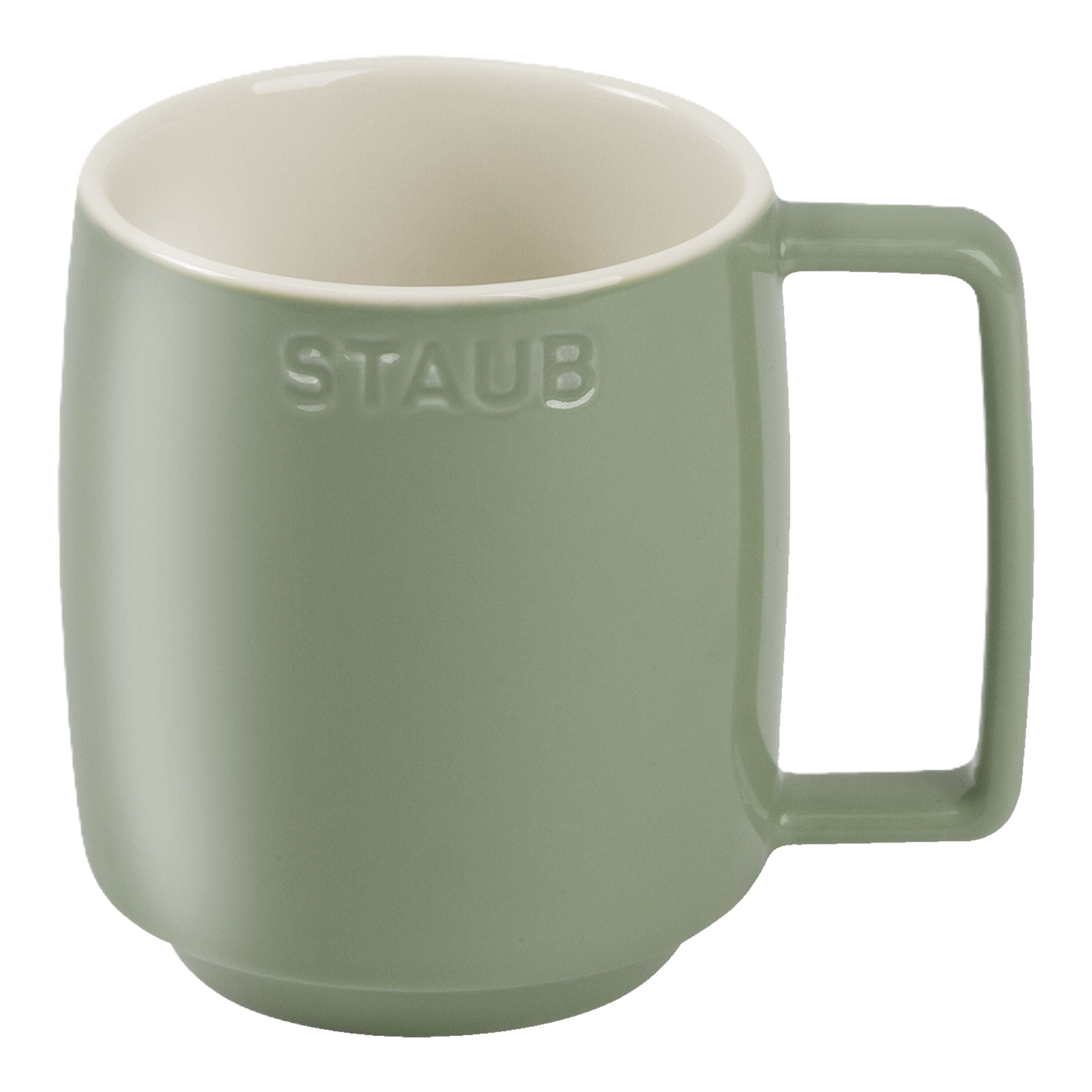 Green mug with 'Staub' branding on a white background
