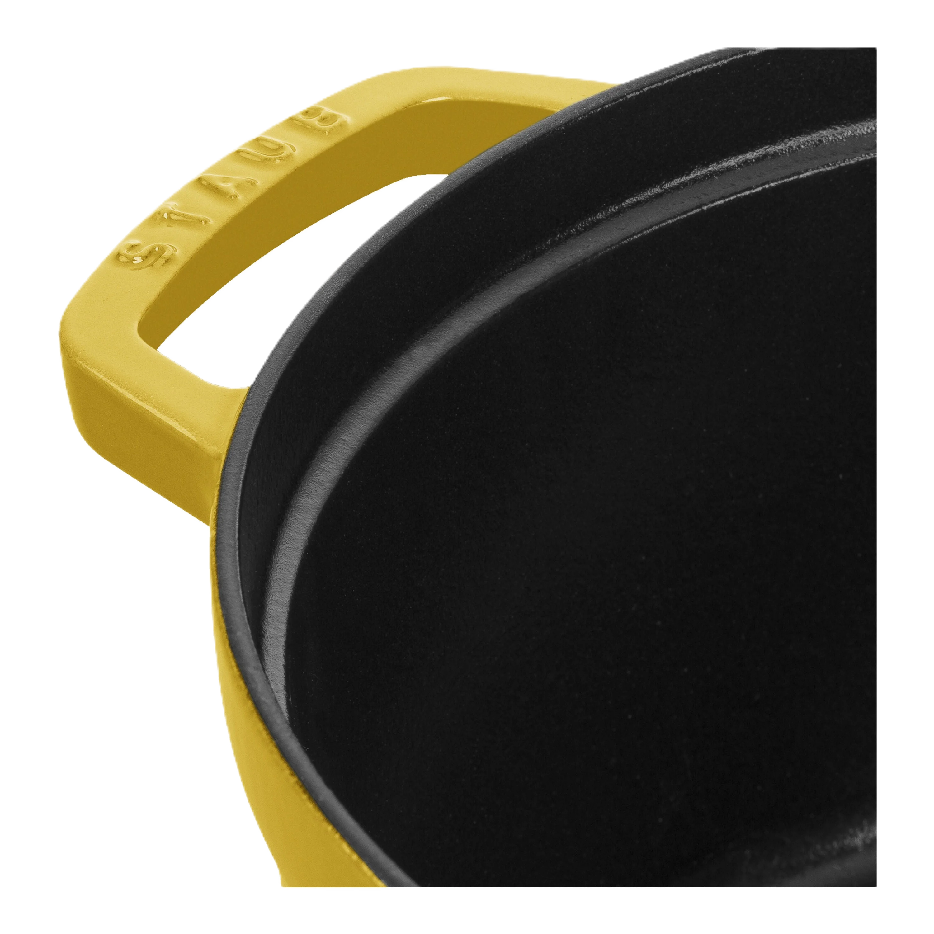 Close-up of a yellow-handled black pot on a white background