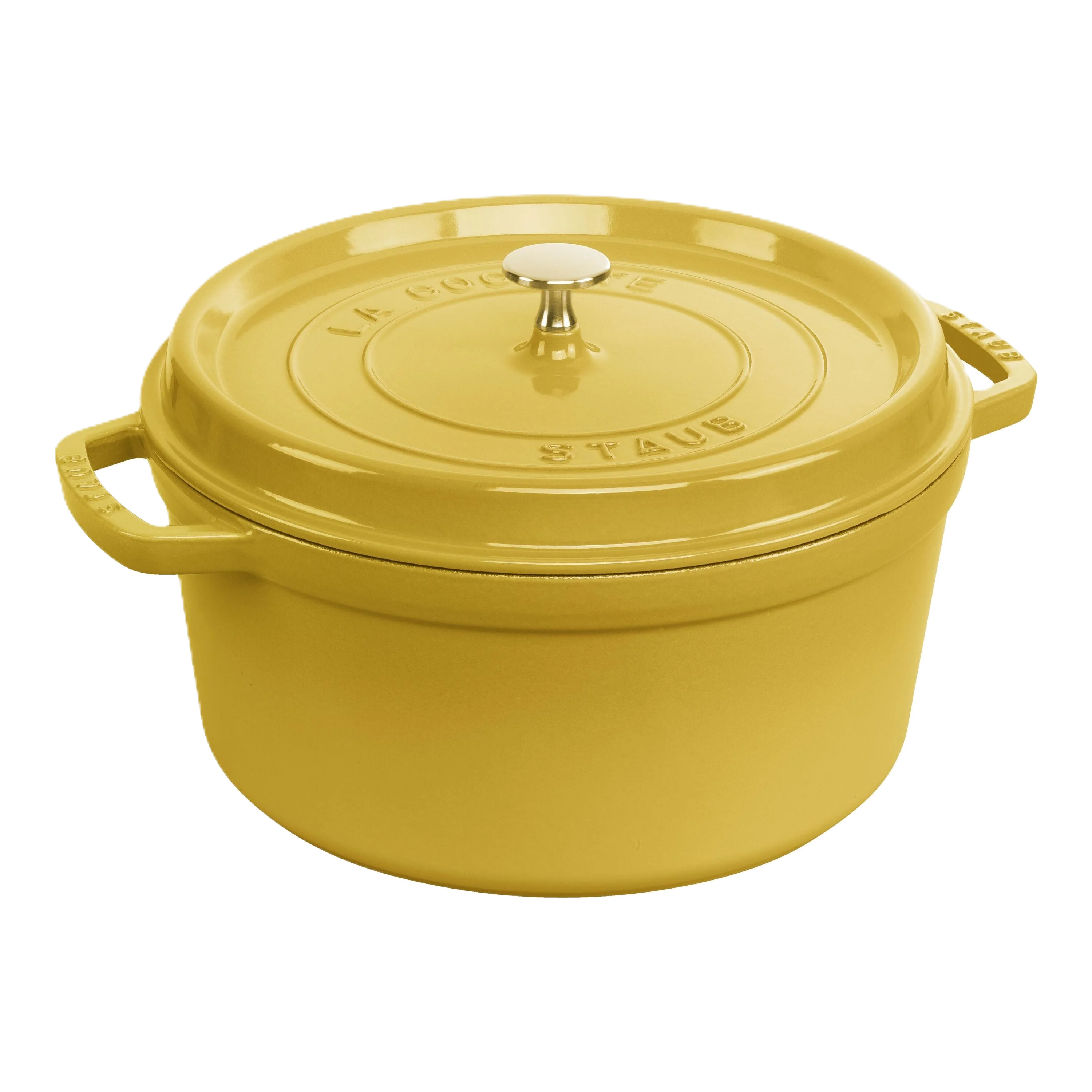 Yellow Staub cocotte with a lid on a white background