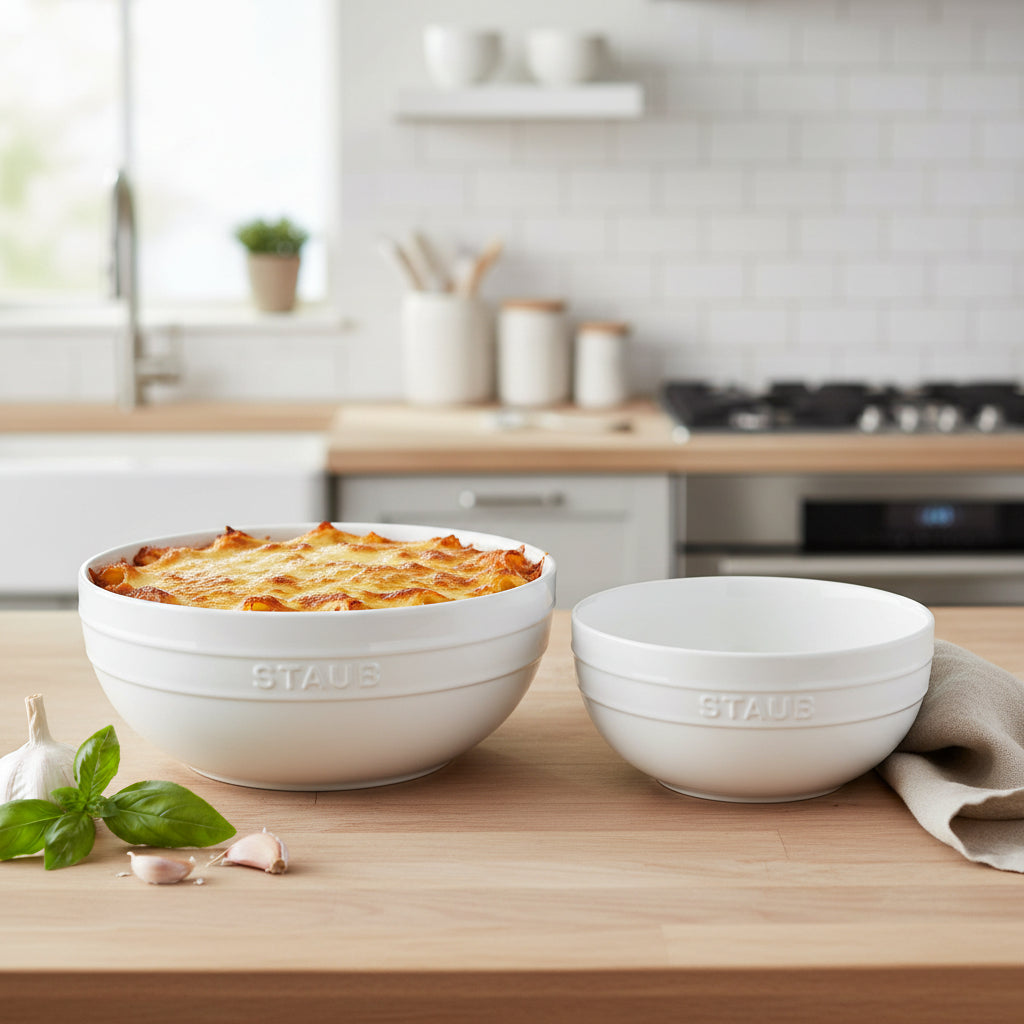 Set of white ceramic bowls on a white background