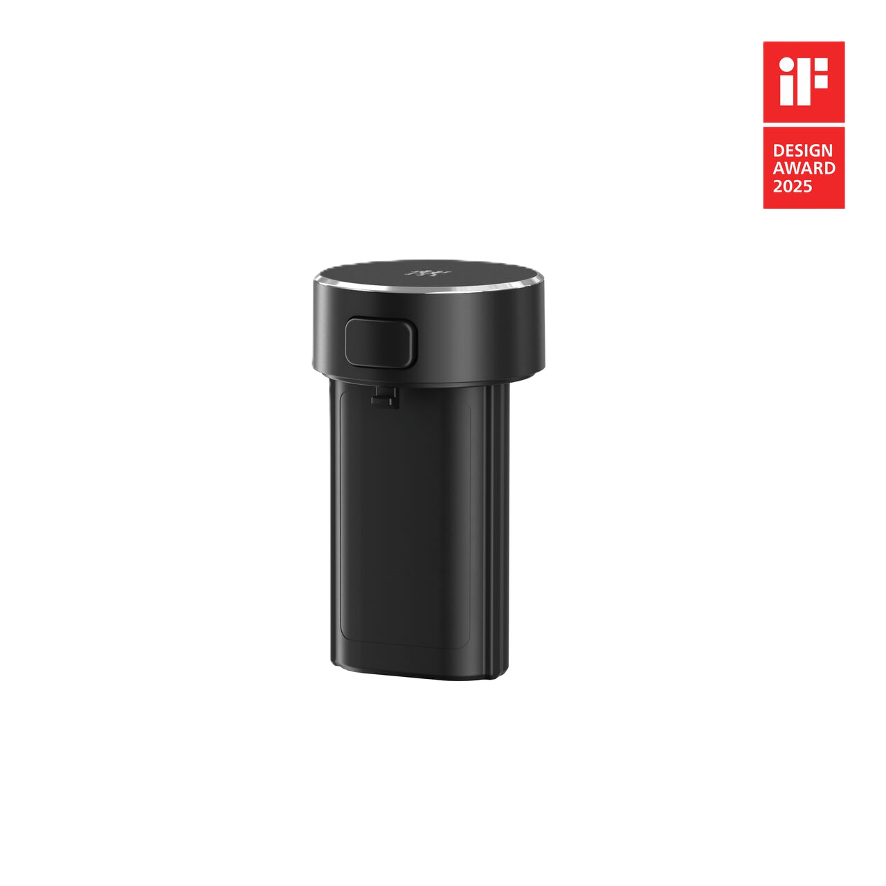 Black cylindrical device on a white background with iF Design Award 2025 logo.