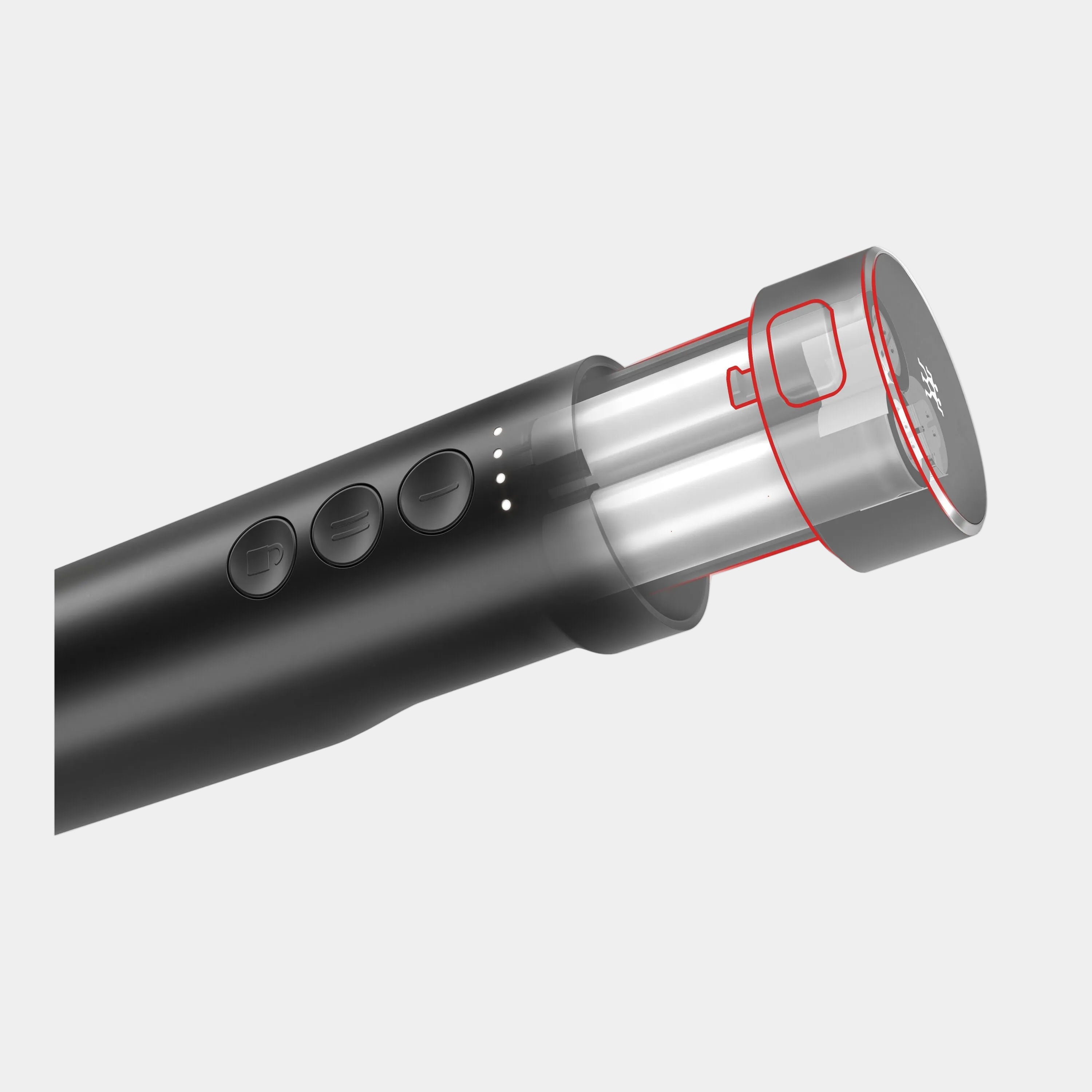 Black and silver flashlight with red accents on a white background