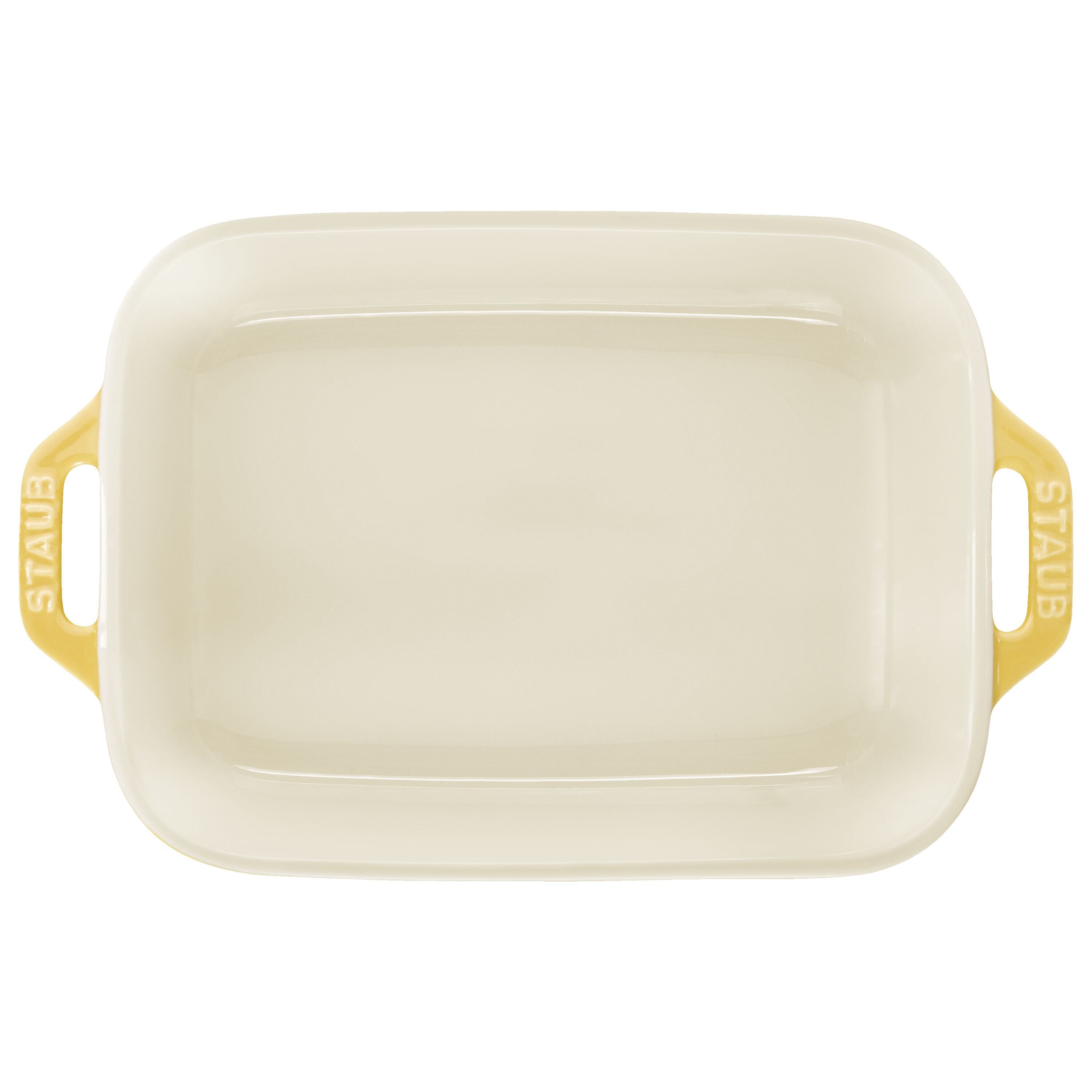 Rectangular ceramic baking dish with yellow handles and base on a white background