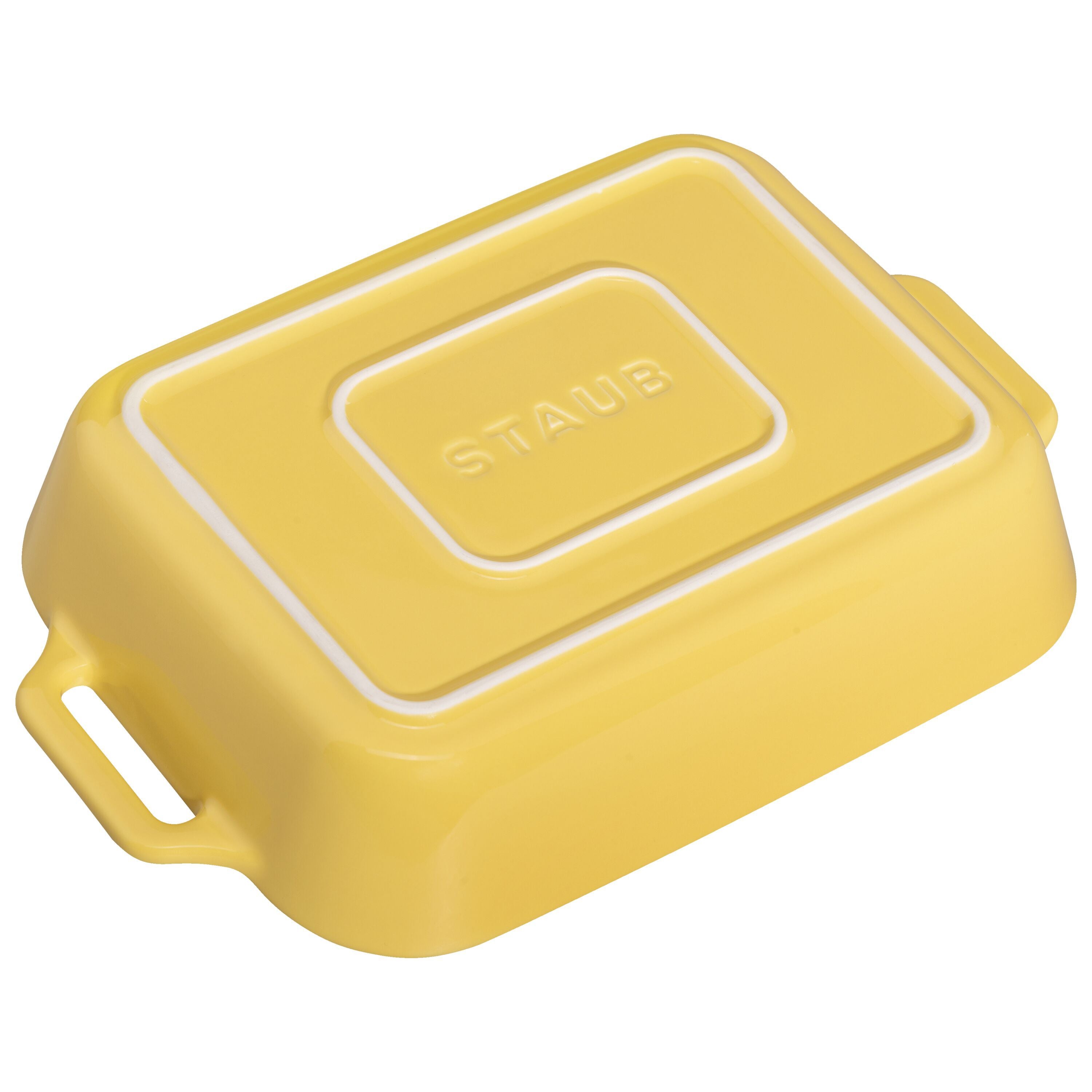 Yellow Staub rectangular baking dish on a white background