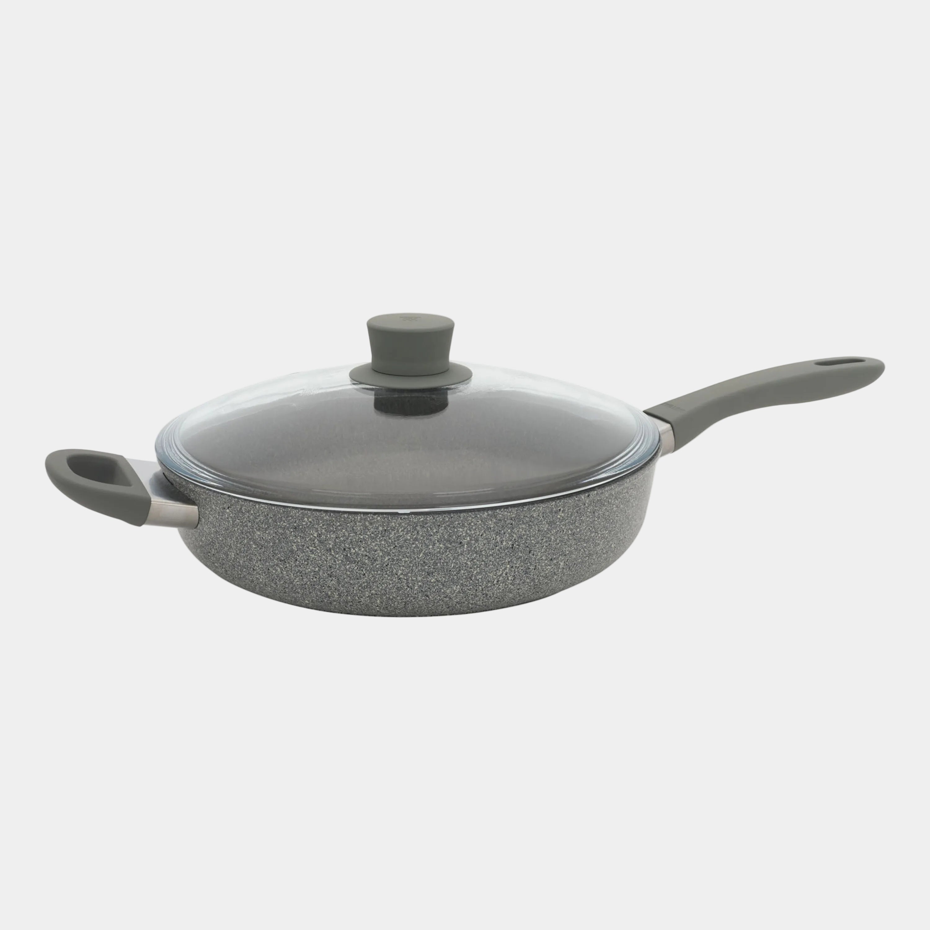 Gray cookware set with a lid on a white background