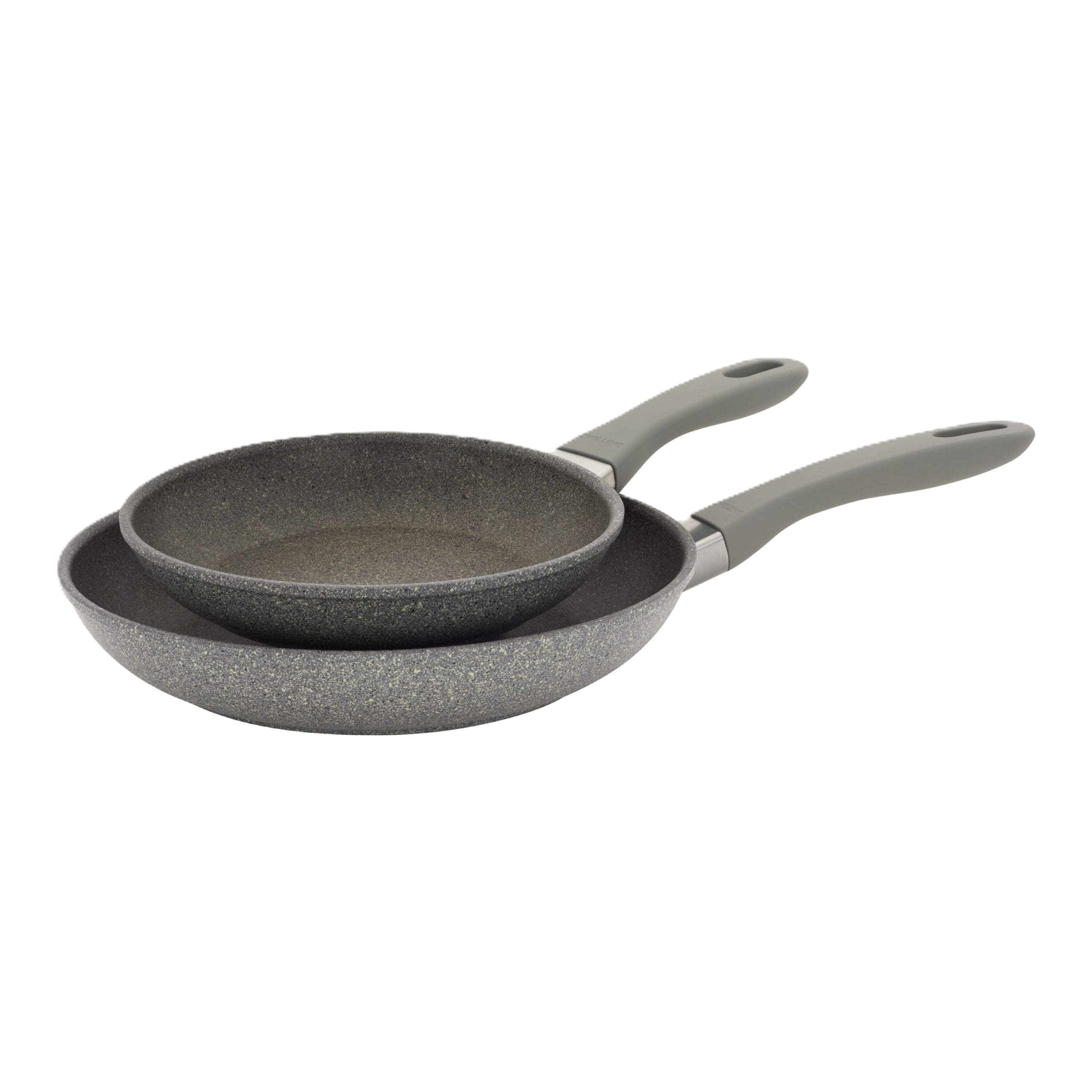 Two gray frying pans with handles on a white background