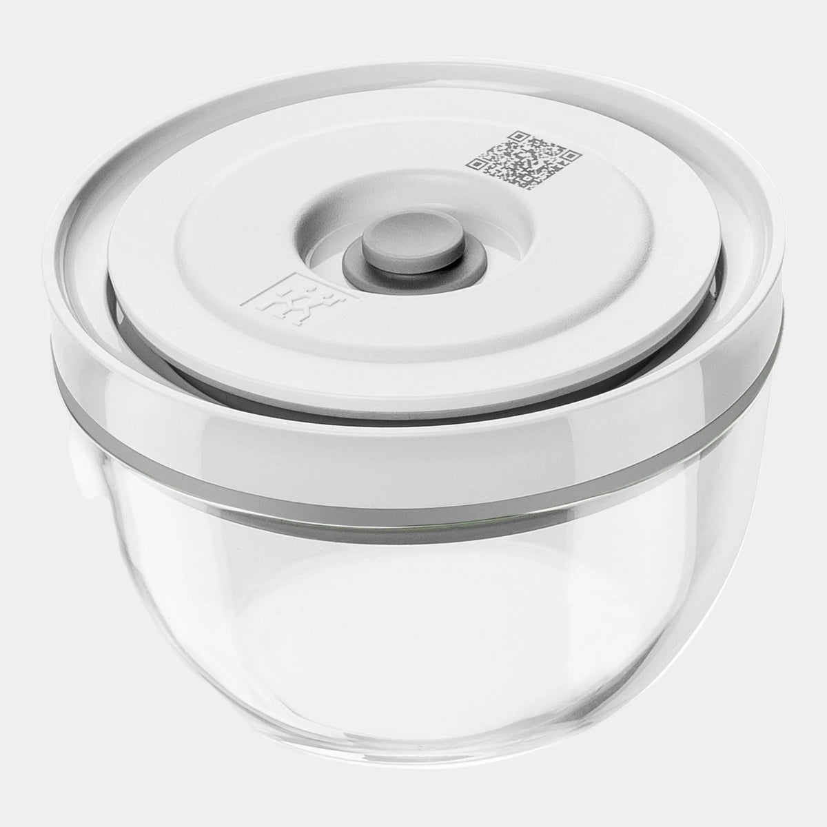 Clear container with a white lid featuring a QR code on a white background