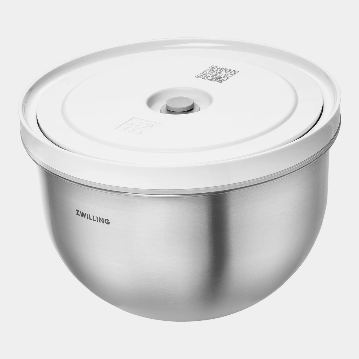 Stainless steel container with white lid featuring Zwilling logo on a white background