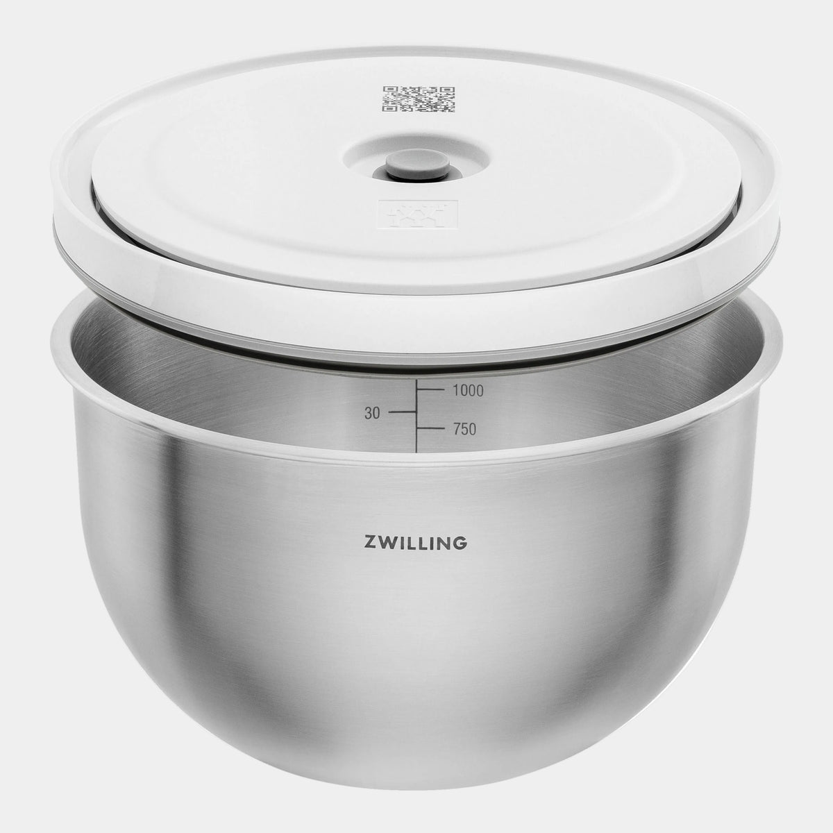 Stainless steel mixing bowl with lid on a white background, featuring the Zwilling brand.