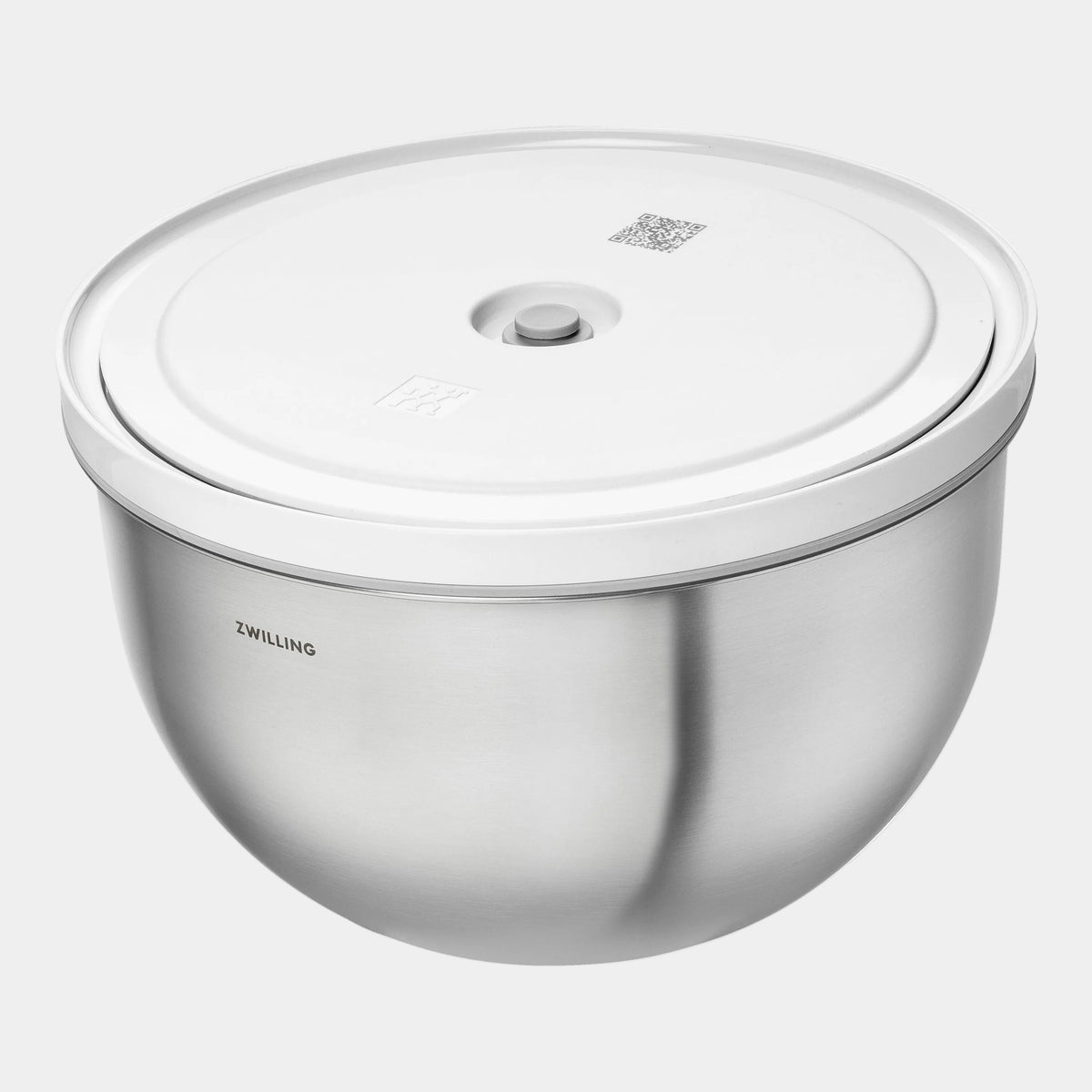 Stainless steel bowl with a white lid on a white background, featuring the Zwilling brand.