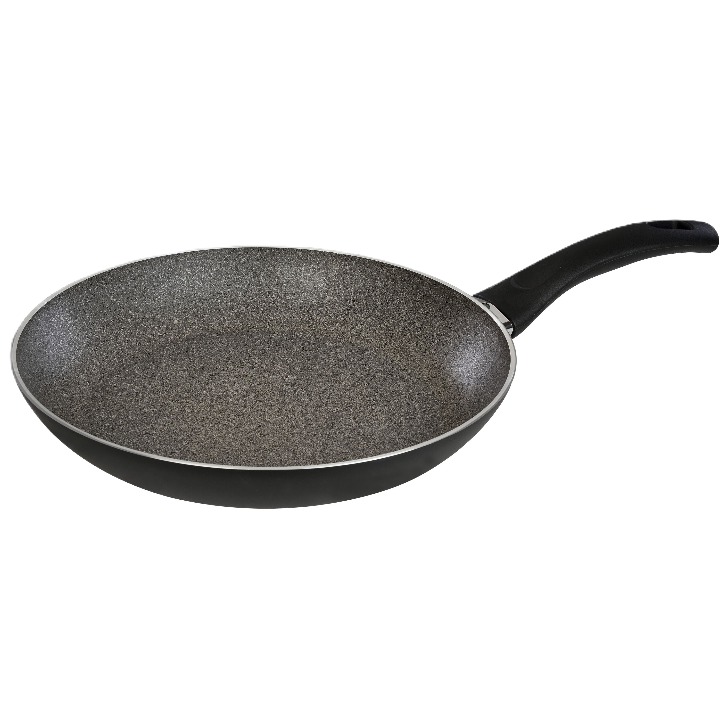 Black frying pan with speckled non-stick surface on a white background