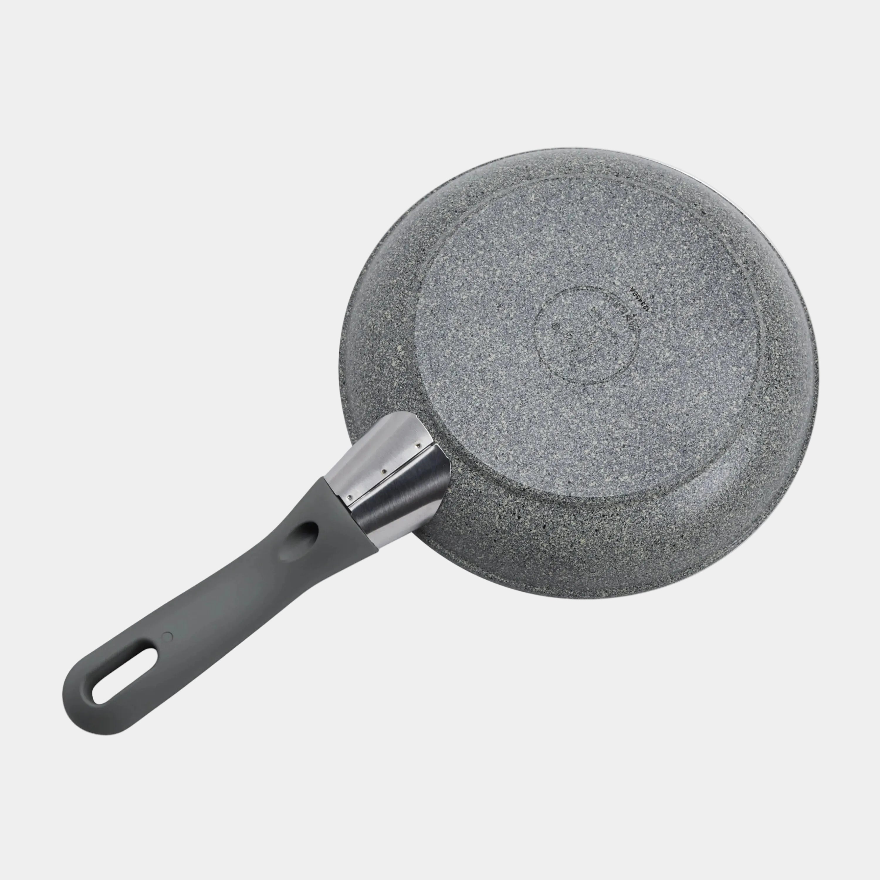 Gray frying pan with a handle on a white background