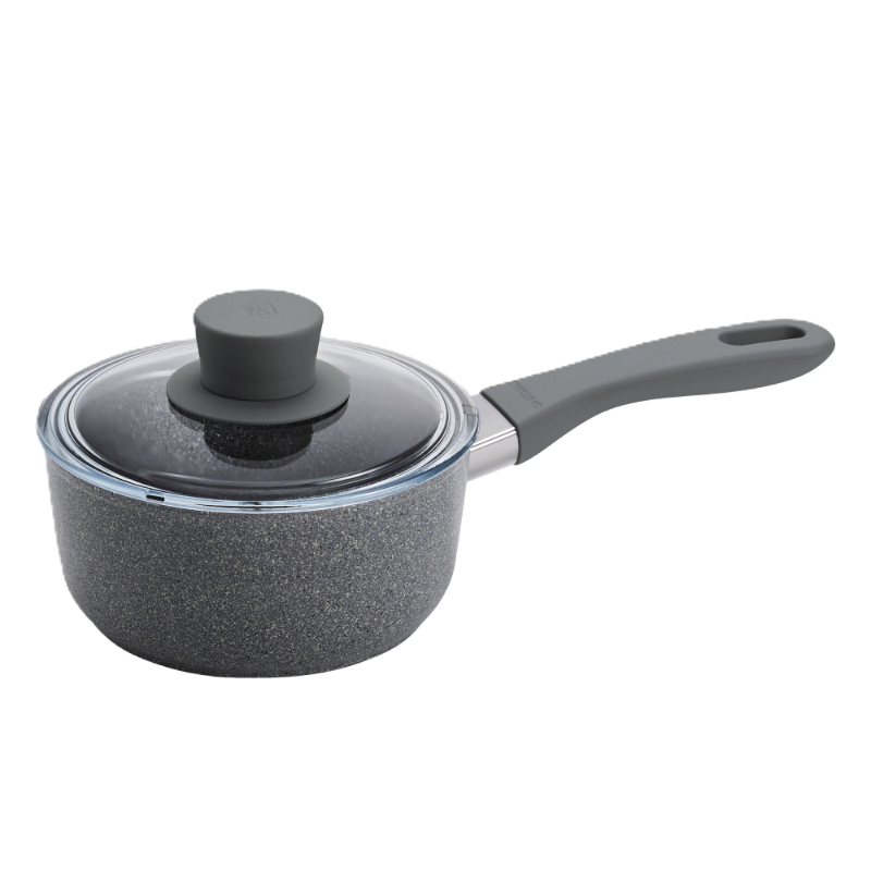 Gray cookware set with lid on a white background