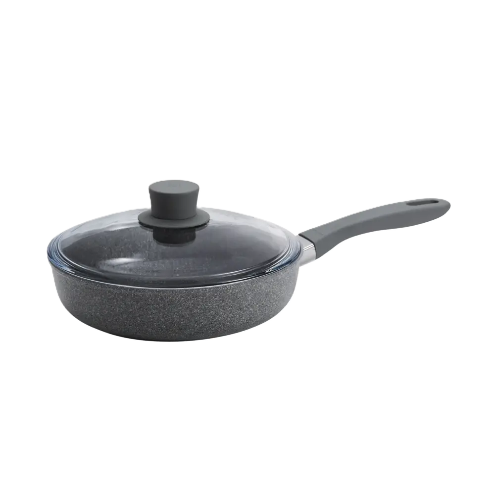 Gray ceramic-coated frying pan with a lid on a white background
