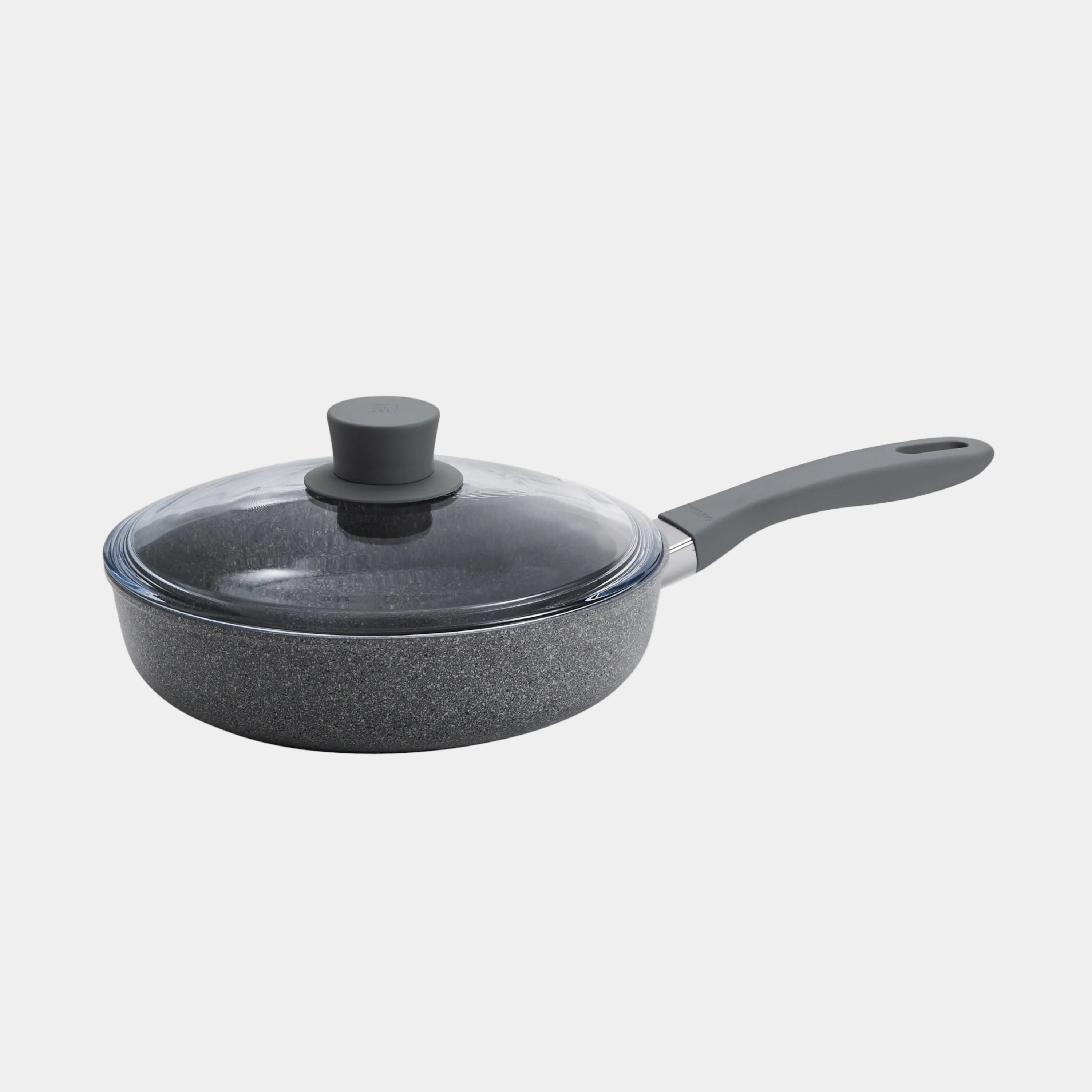 Gray ceramic-coated frying pan with a lid on a white background