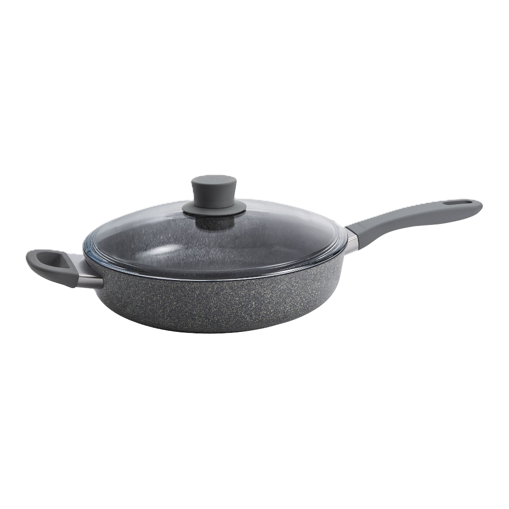 Gray speckled cookware set with lid on a white background