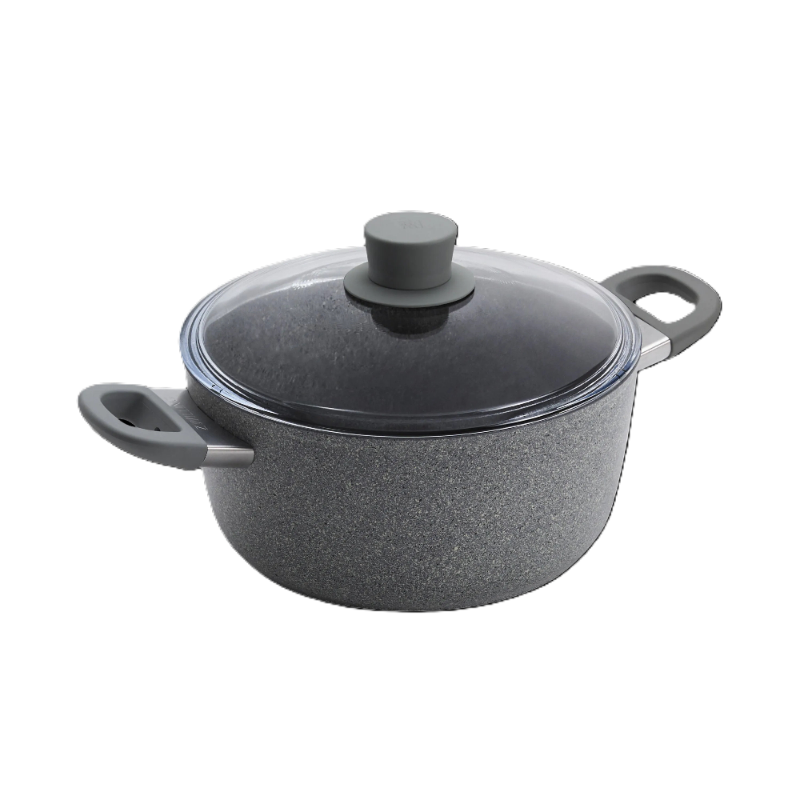 Gray speckled cookware pot with lid on a white background