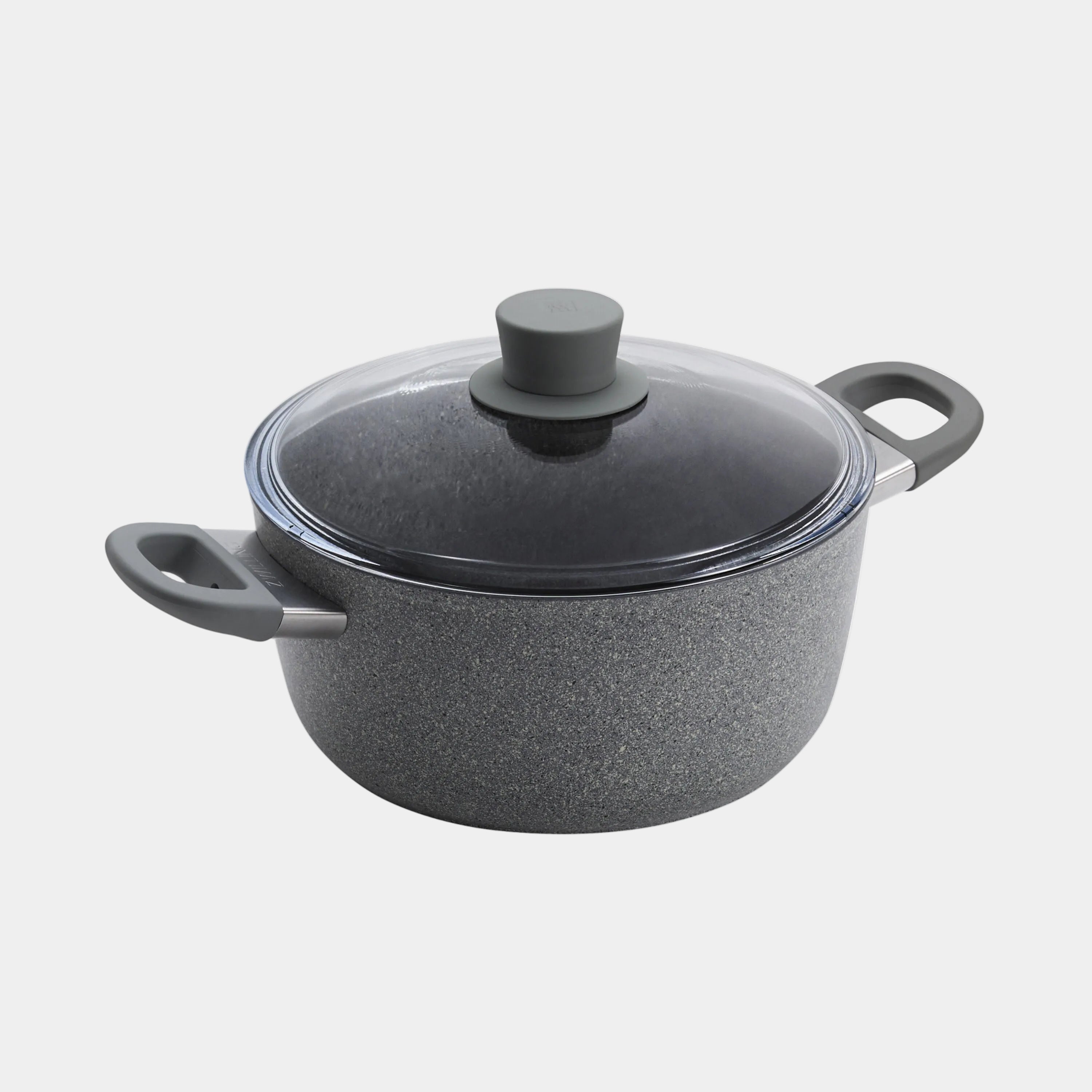 Gray speckled cookware pot with lid on a white background
