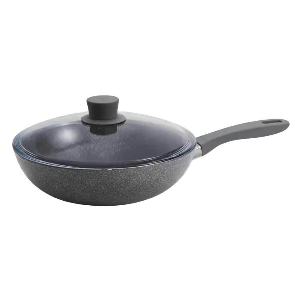 Black frying pan with a lid on a white background