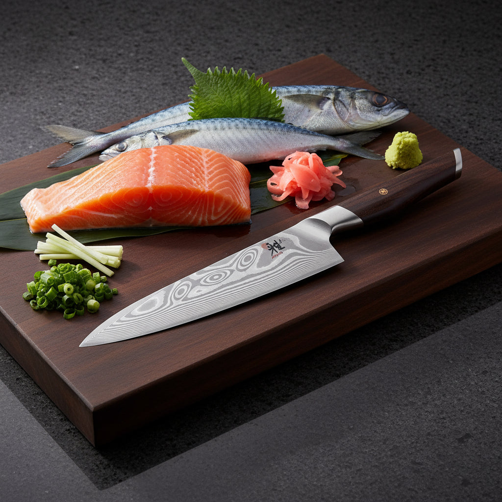 Chef's knife with a Damascus pattern on a white background