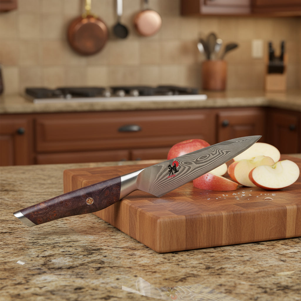 Knife with a wooden handle and metallic blade on a white background