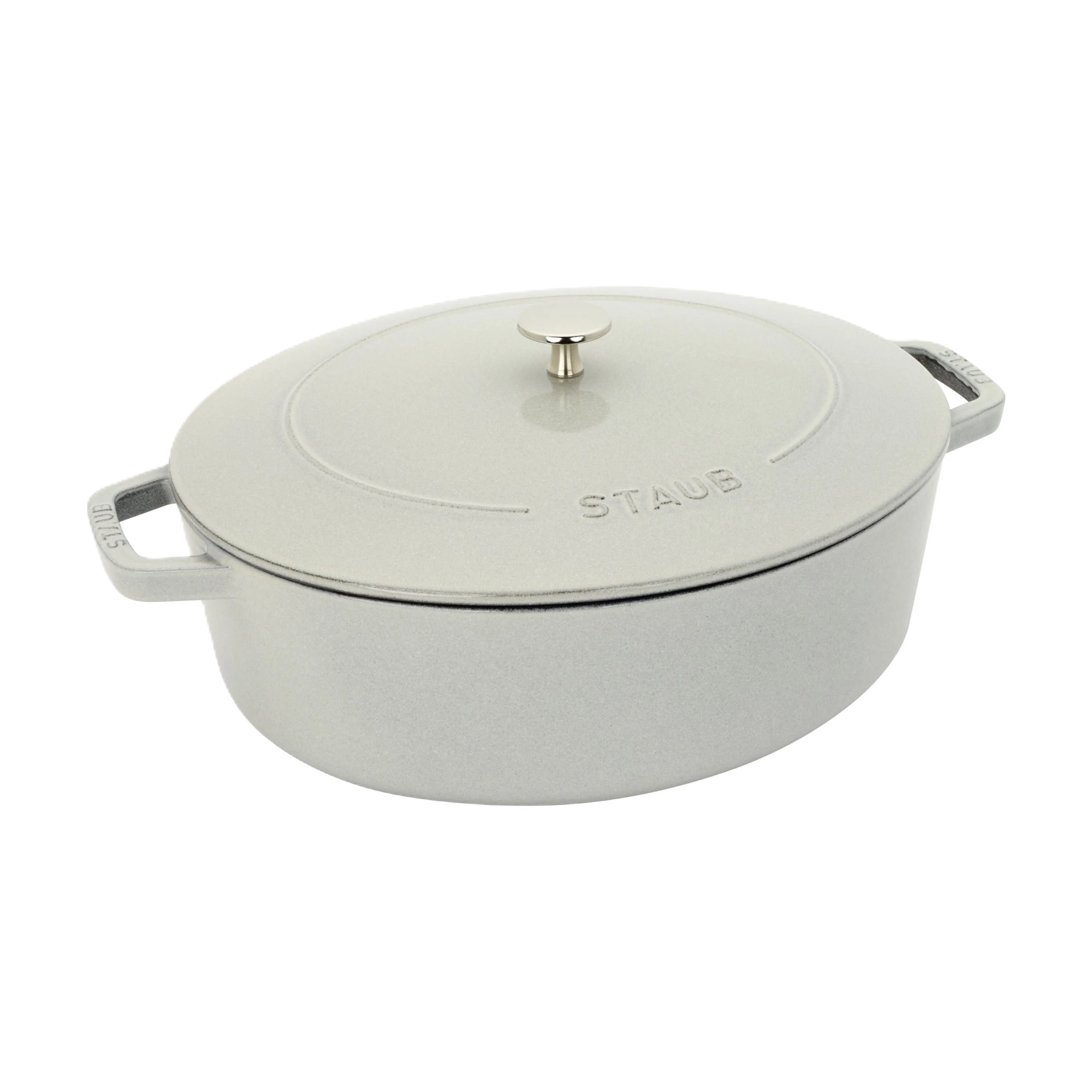 Staub Cast Iron oval Dutch oven on a white background
