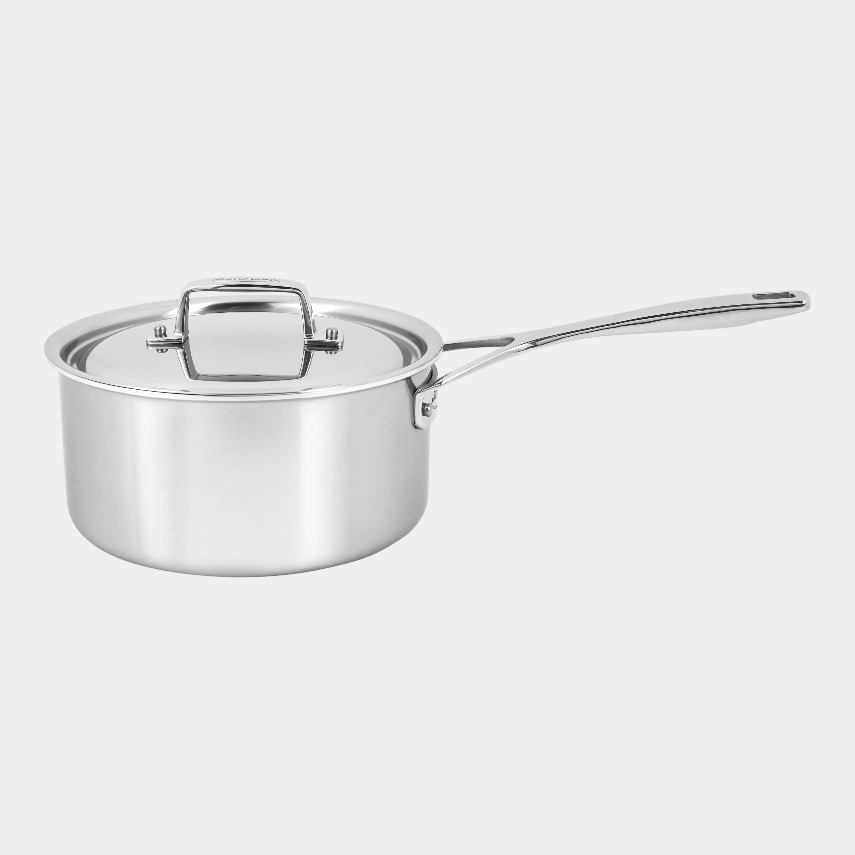 Stainless steel saucepan with lid on a white background