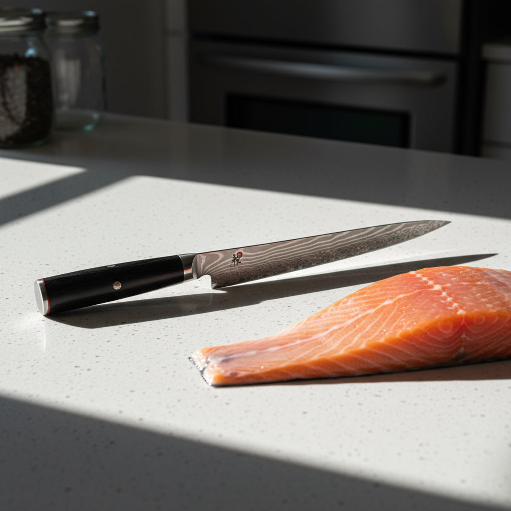 Japanese chef's knife with a black handle on a white background