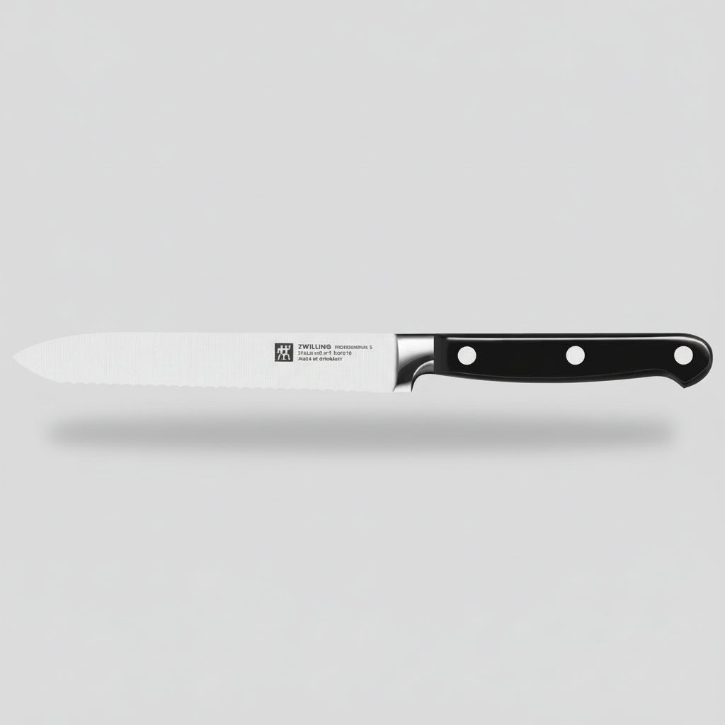 ZWILLING Professional S knife Block set serrated utility knife on display.