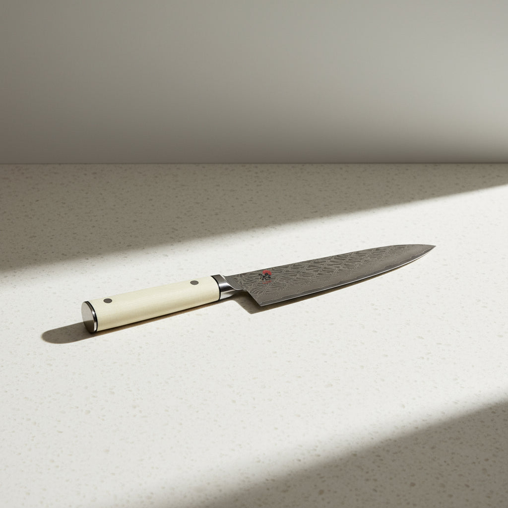 Chef's knife with a decorative blade and beige handle on a white background