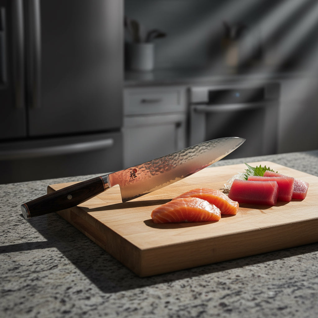 Chef's knife with a wooden handle on a white background