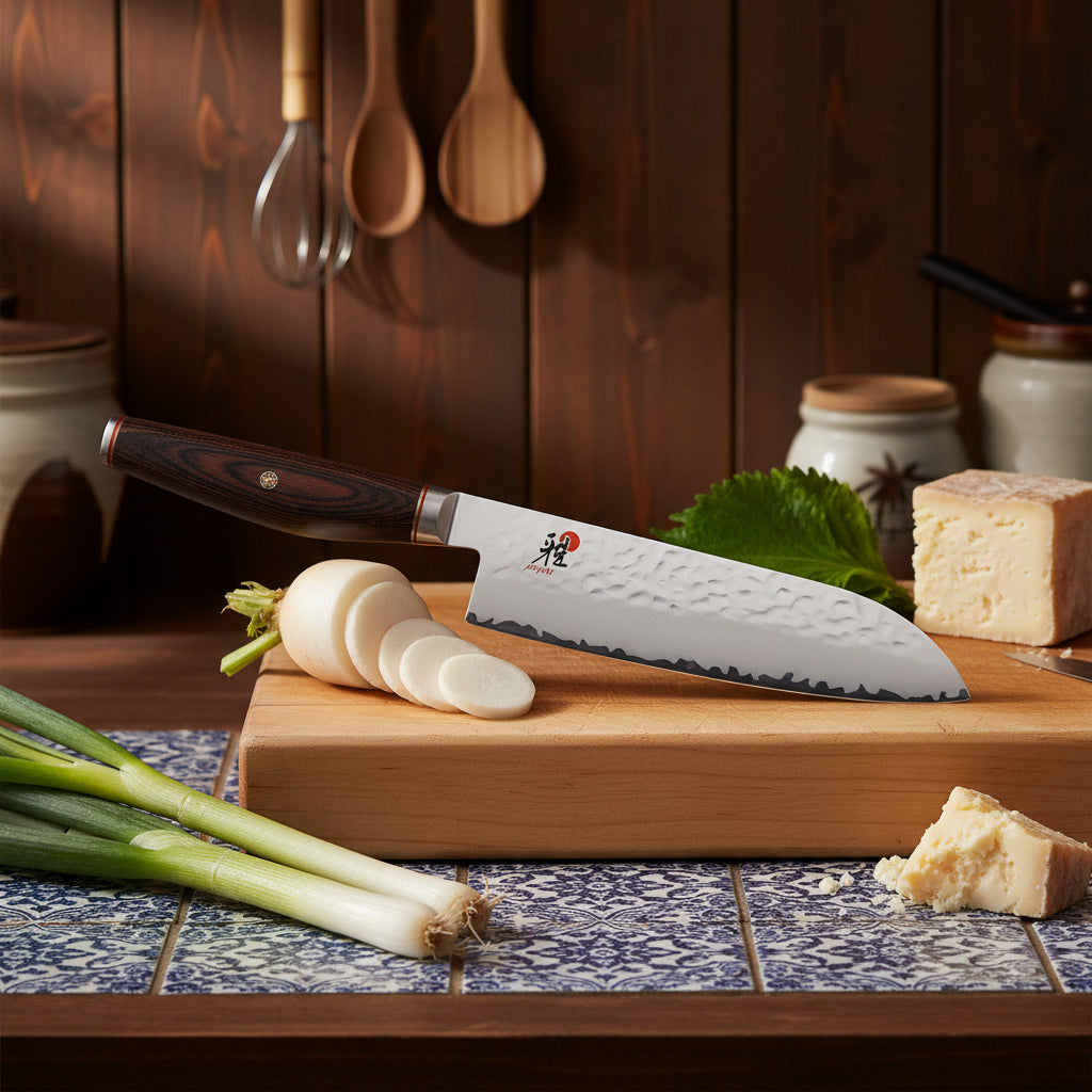Serrated knife with a wooden handle on a white background